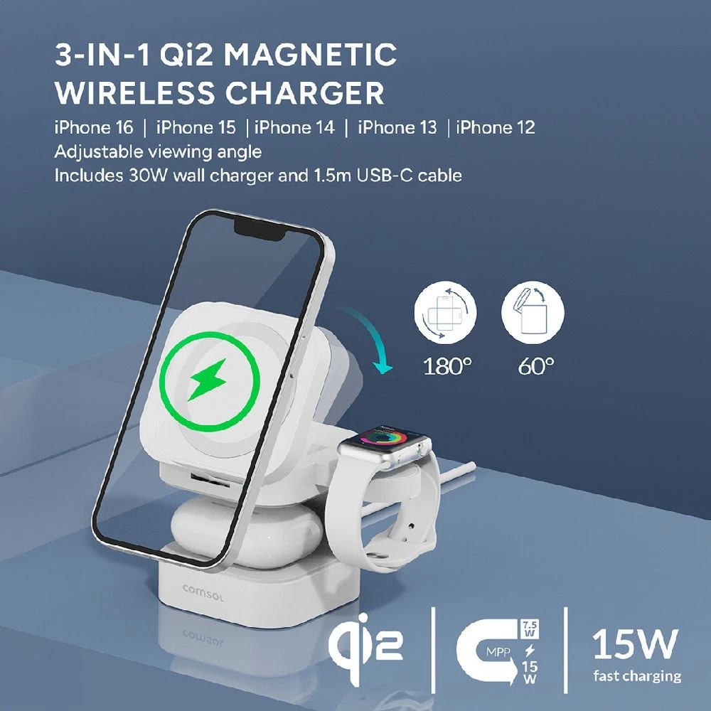 4 Comsol 3-in-1 Qi2 Magnetic Wireless Charging Stand White, 4 of 6