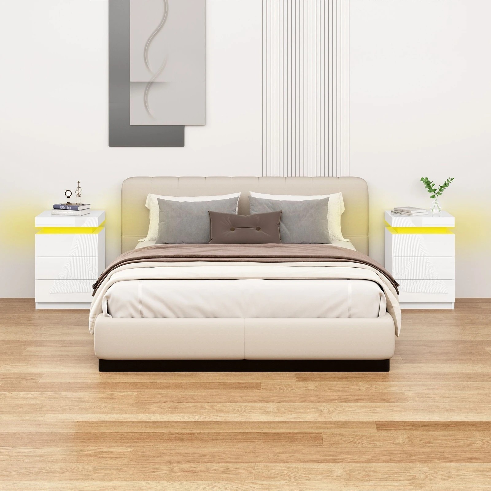 2 Alfordson Bedside Table RGB LED Nightstand 3 Drawers 4 Side High Gloss - White, 2 of 10