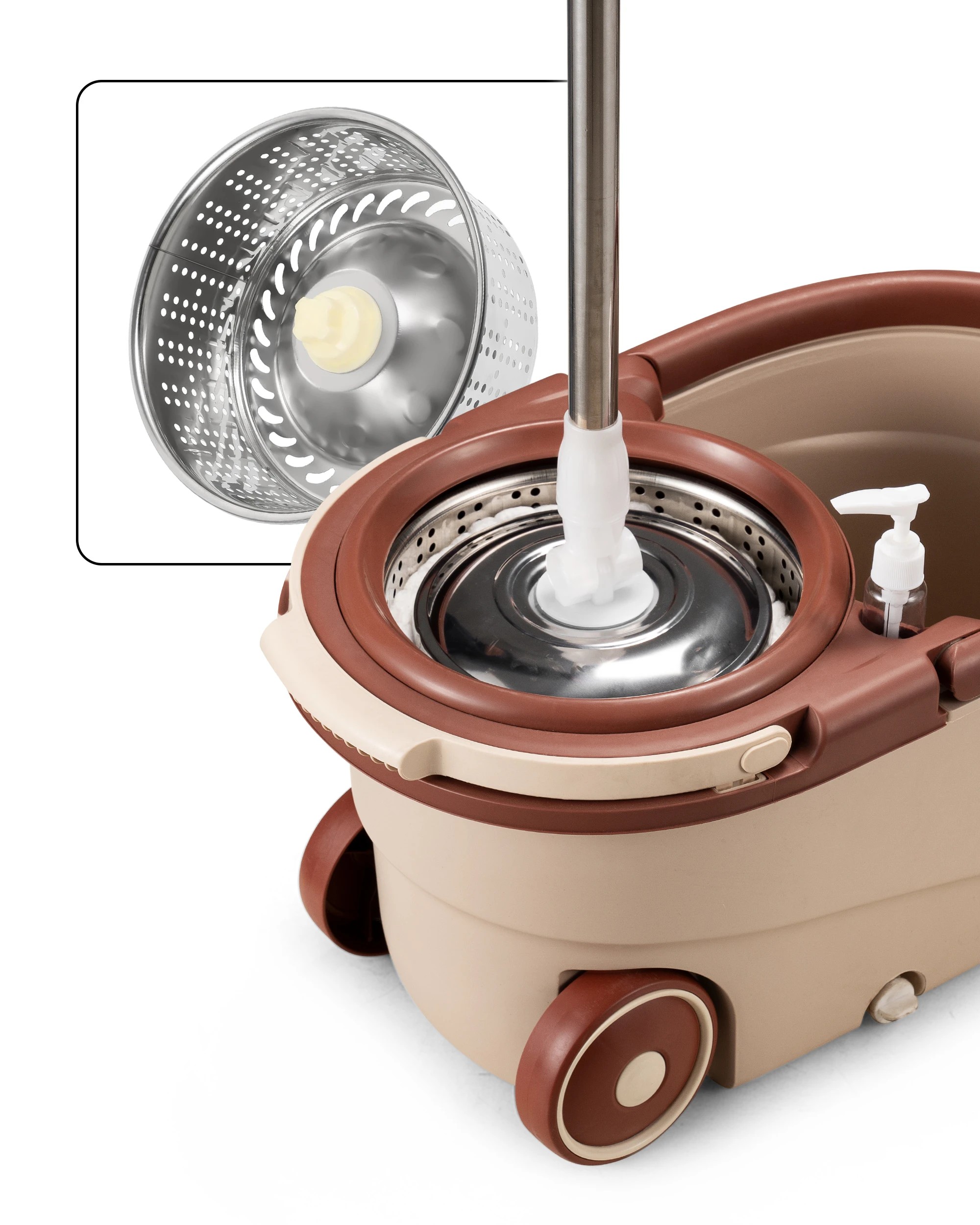 2 ZUNI Spin Mop Bucket Set Floor Mop Stainless Steel Rotating w/ 2 Heads Khaki, 2 of 4