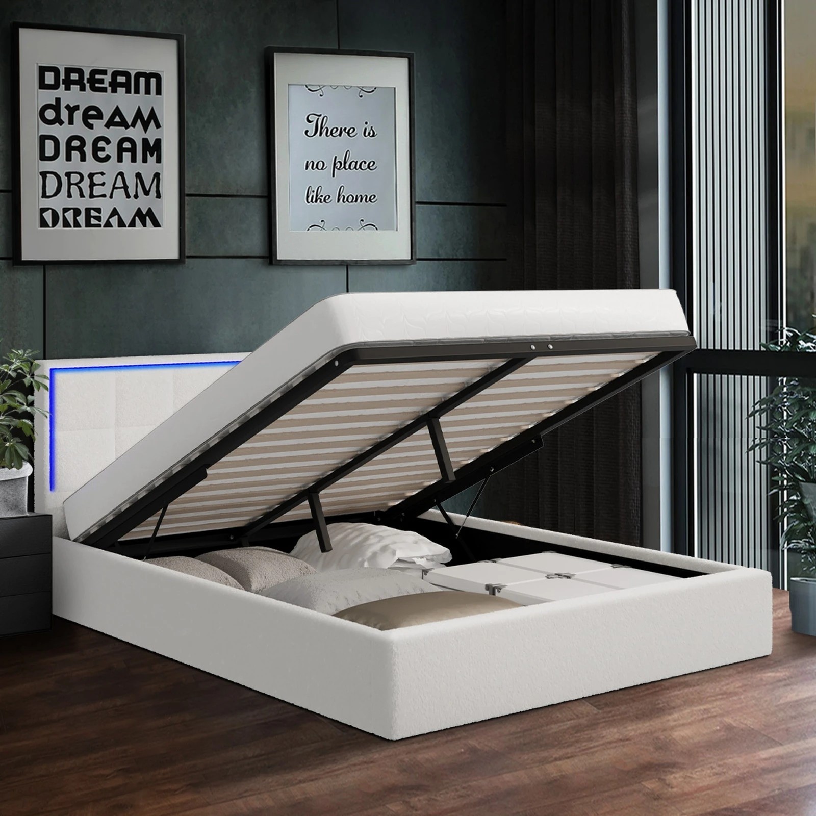 4 Oikiture Bed Frame Queen Size RGB LED Gas Lift Storage Base Boucle - White, 4 of 9