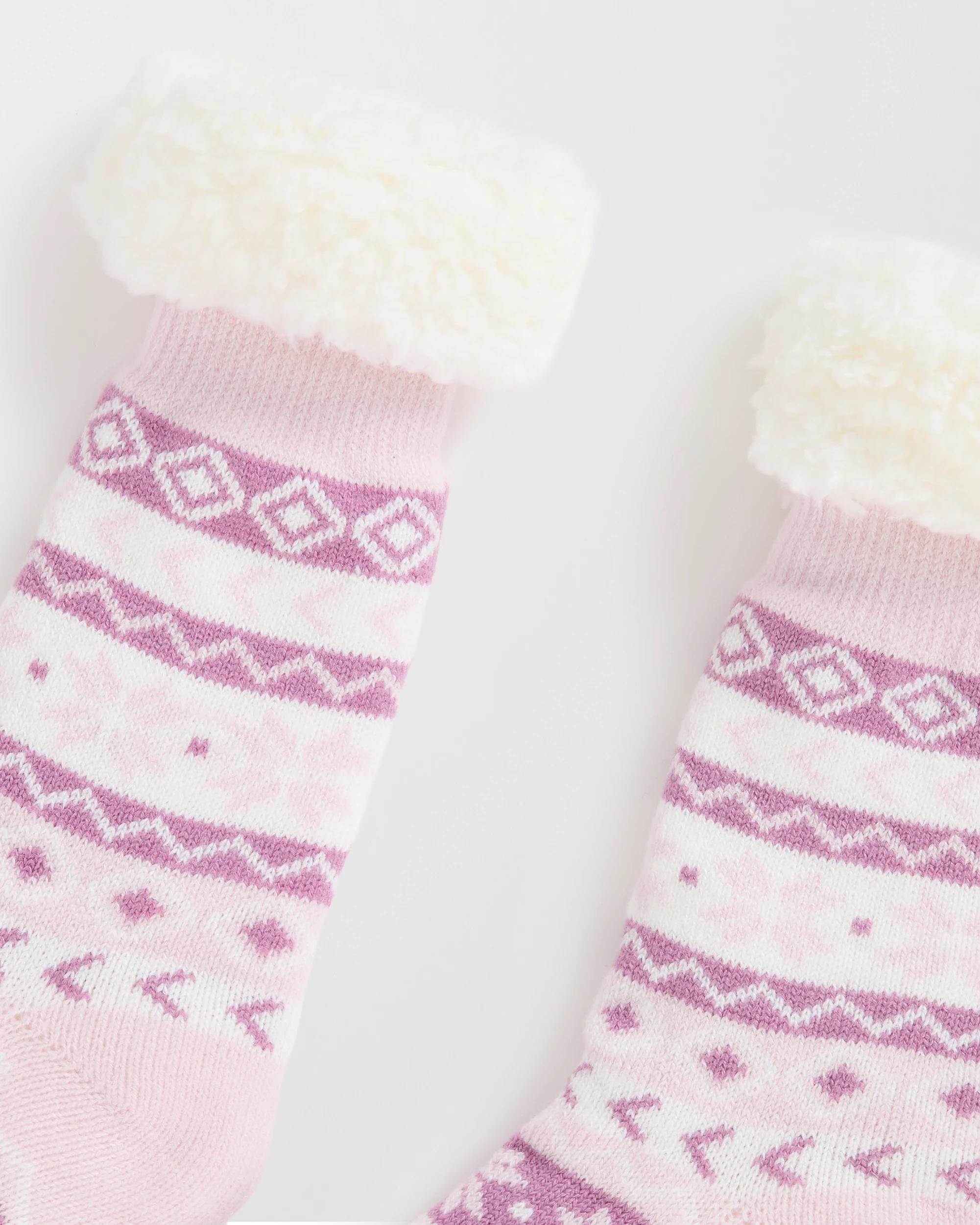 2 Target Woman Sherpa Lined Crew Length Home Socks PINK FAIRISLE, 2 of 3