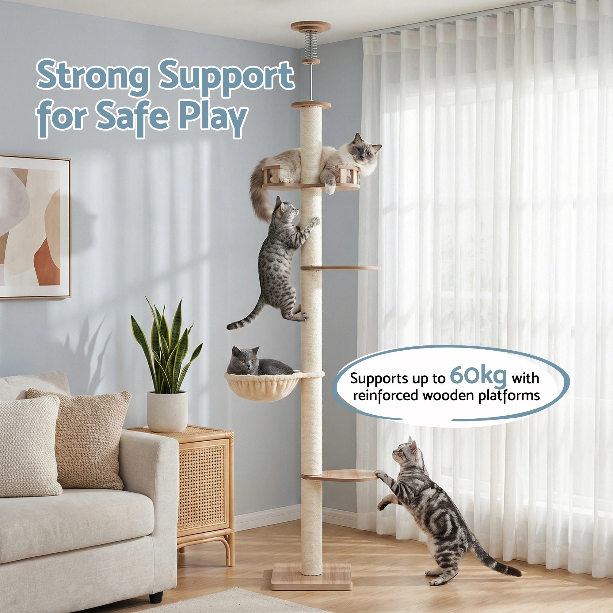 9 i.Pet Cat Tree Tower Floor to Ceiling Scratching Post 270cm - Beige, 9 of 9