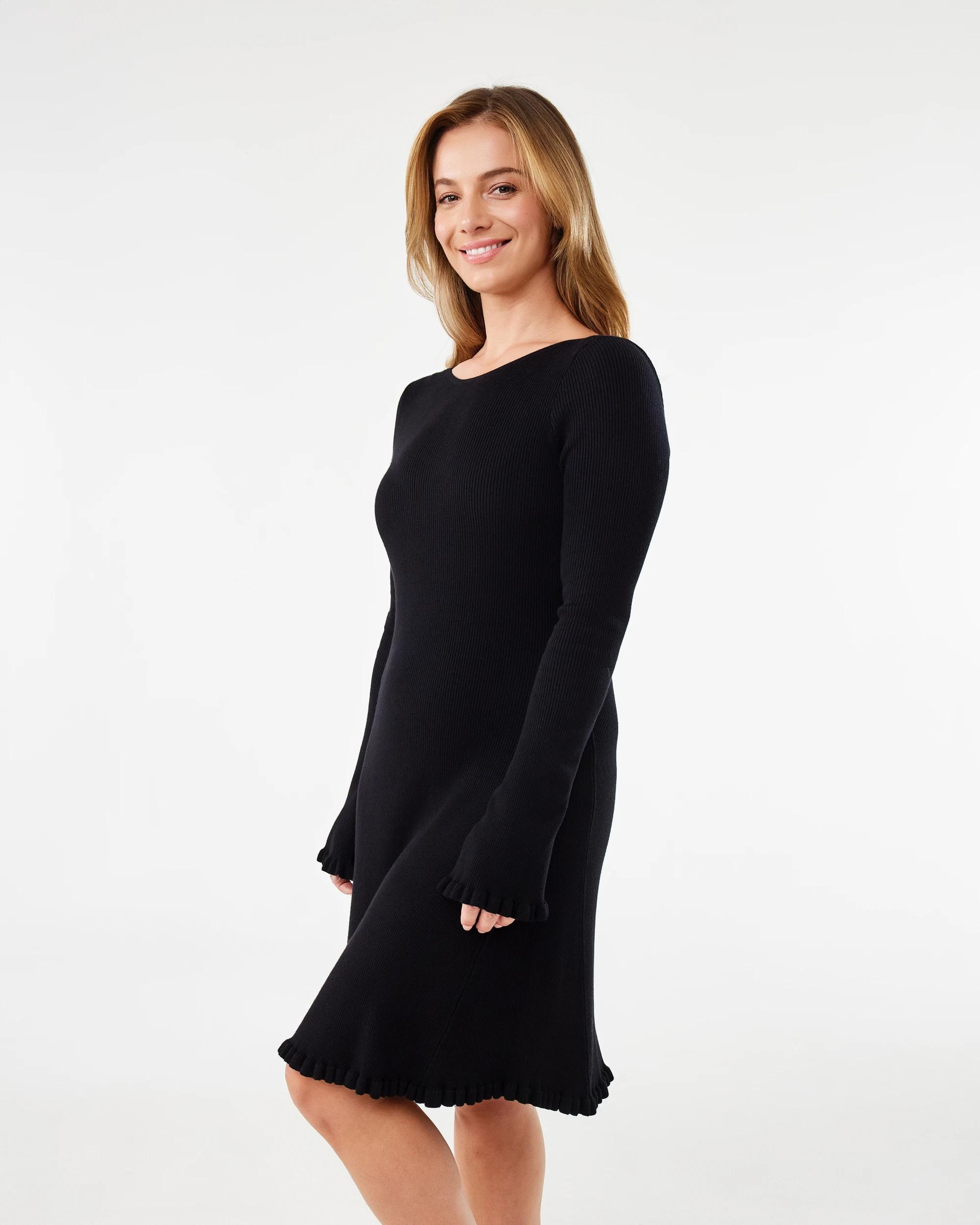 2 Long Sleeve True Knit Frill Detail Mini Dress Black, 2 of 7
