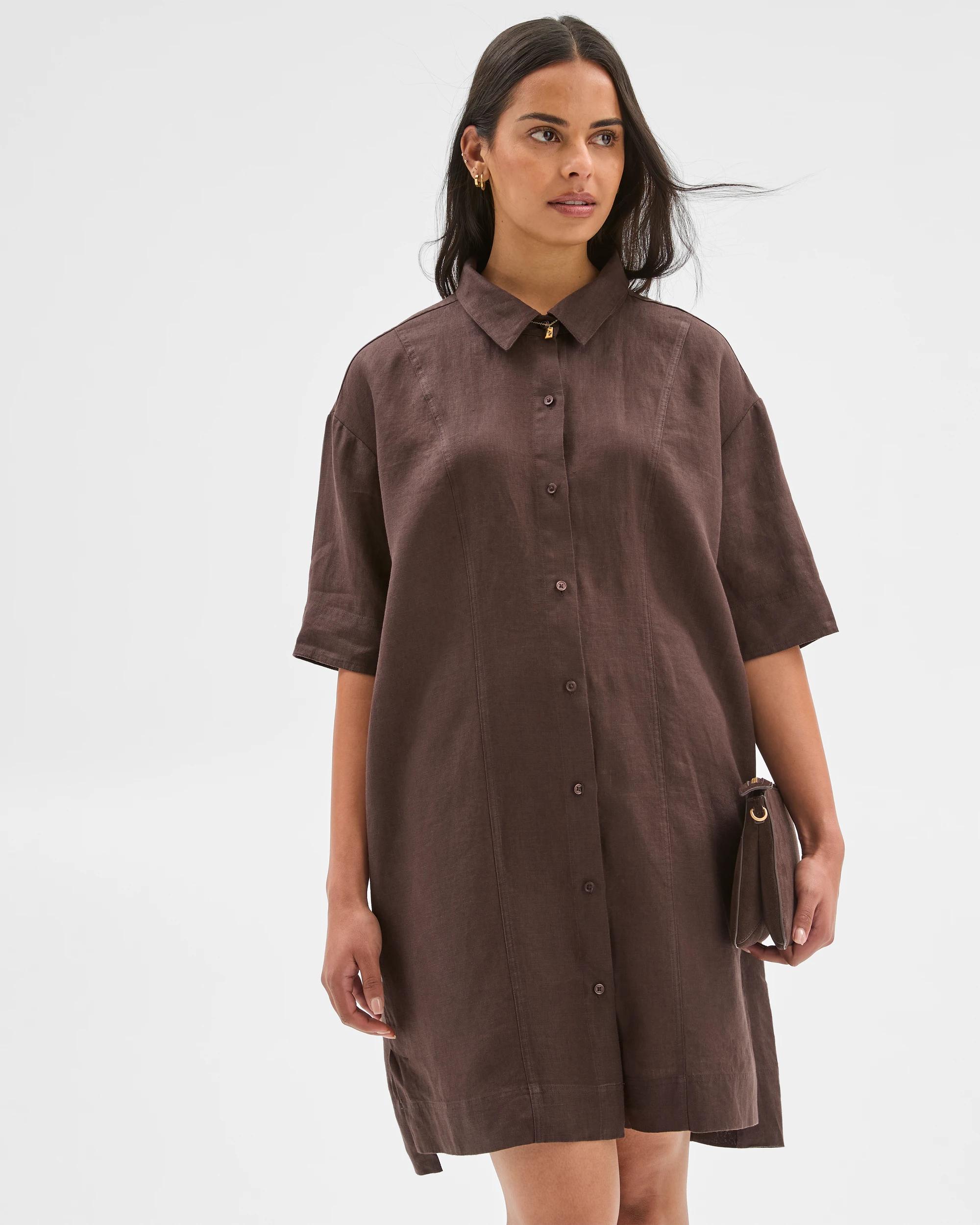 1 Target European Linen Short Sleeve Shirt Mini Dress BRUNETTE, 1 of 6