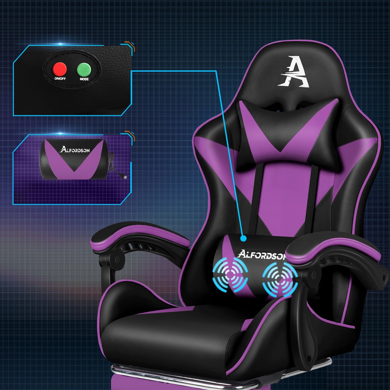 3 Alfordson Gaming Office Chair Massage Computer Footrest Leather - Purple, 3 of 10