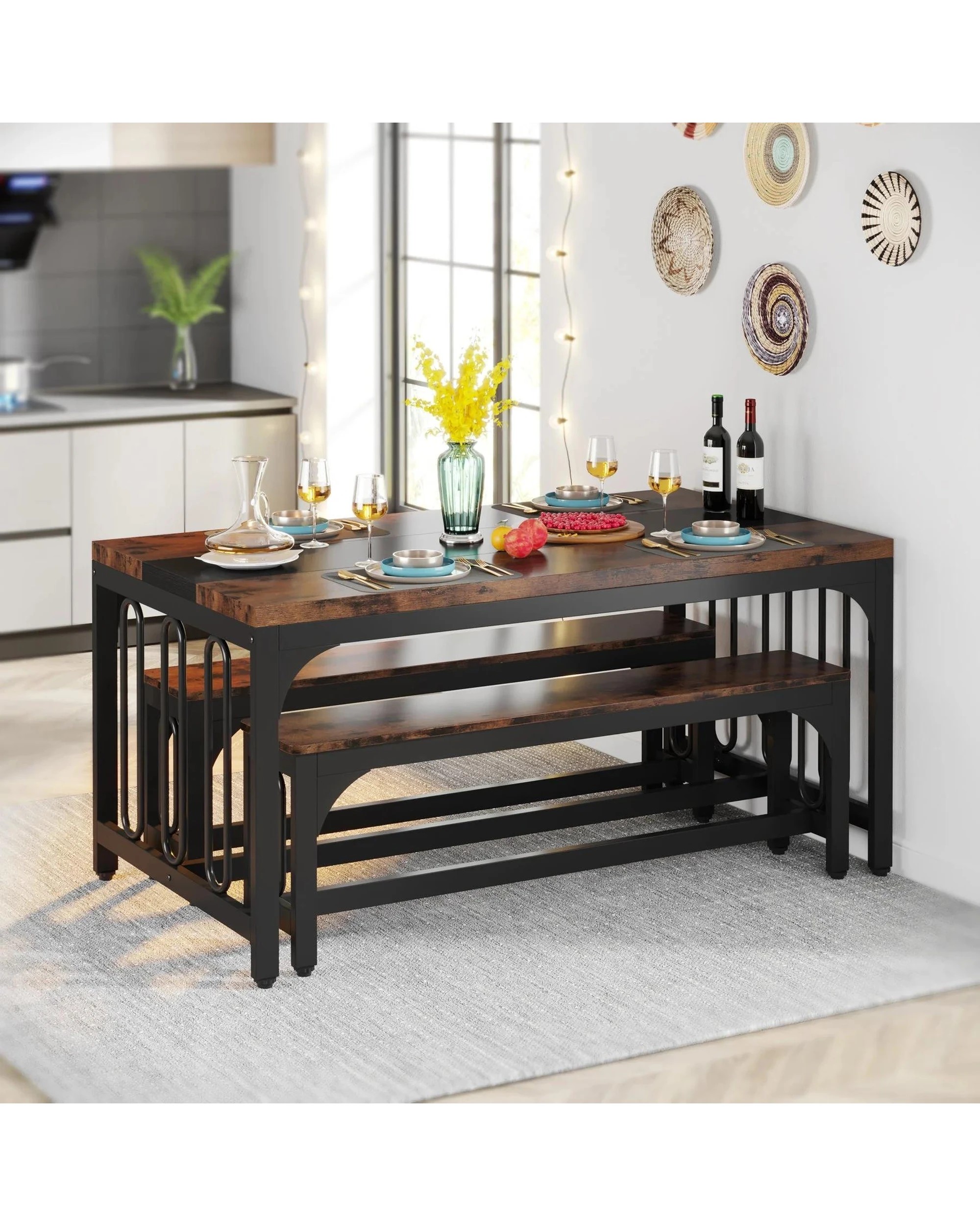 3 OAKORY 3-Piece Dining Table Set for 4, Farmhouse Kitchen Table with 2 Benches for Small Space Brown, 3 of 7