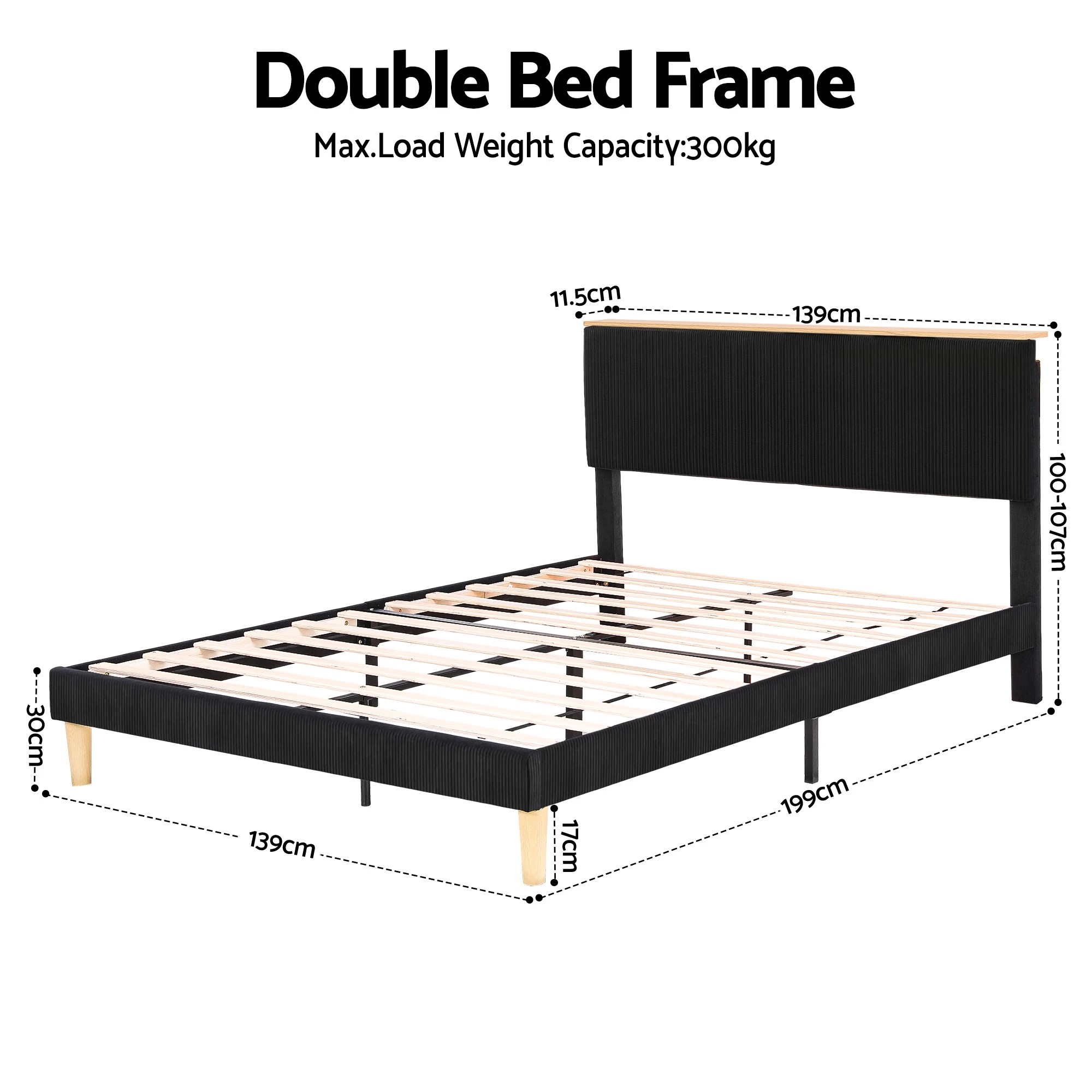 2 Artiss Double Bed Frame Upholste Adjustable Headboard Mood Lighting Corduroy - Black, 2 of 2