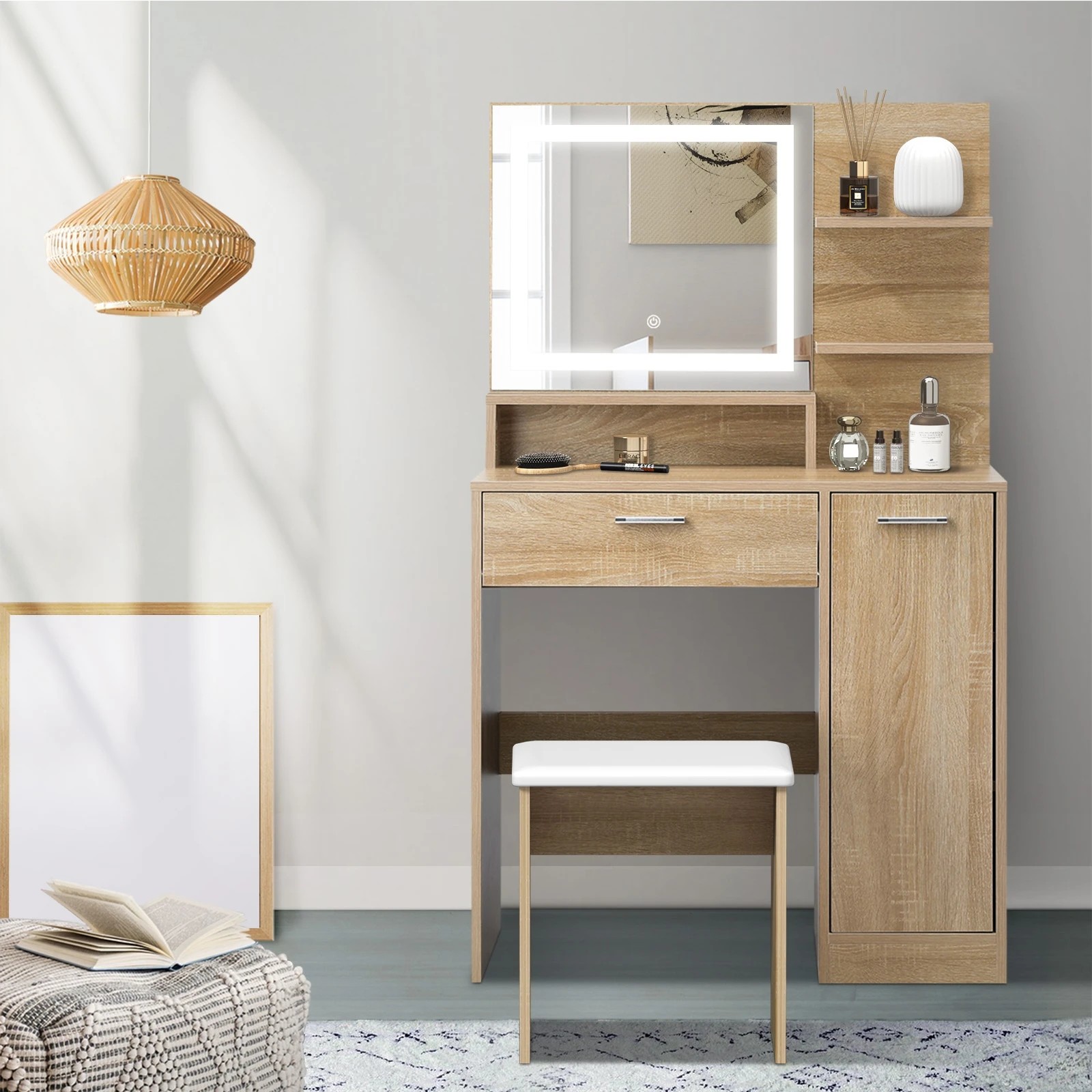 3 Oikiture Dressing Table Stool Set Makeup Mirror Led Light Large Cabinet
 - Natural, 3 of 9