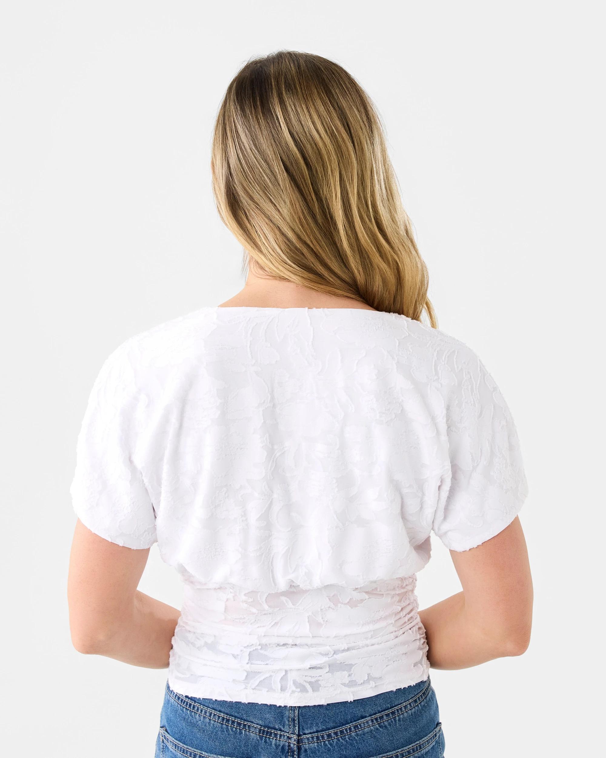 3 Short Sleeve Jacquard V-Neck Top White, 3 of 6