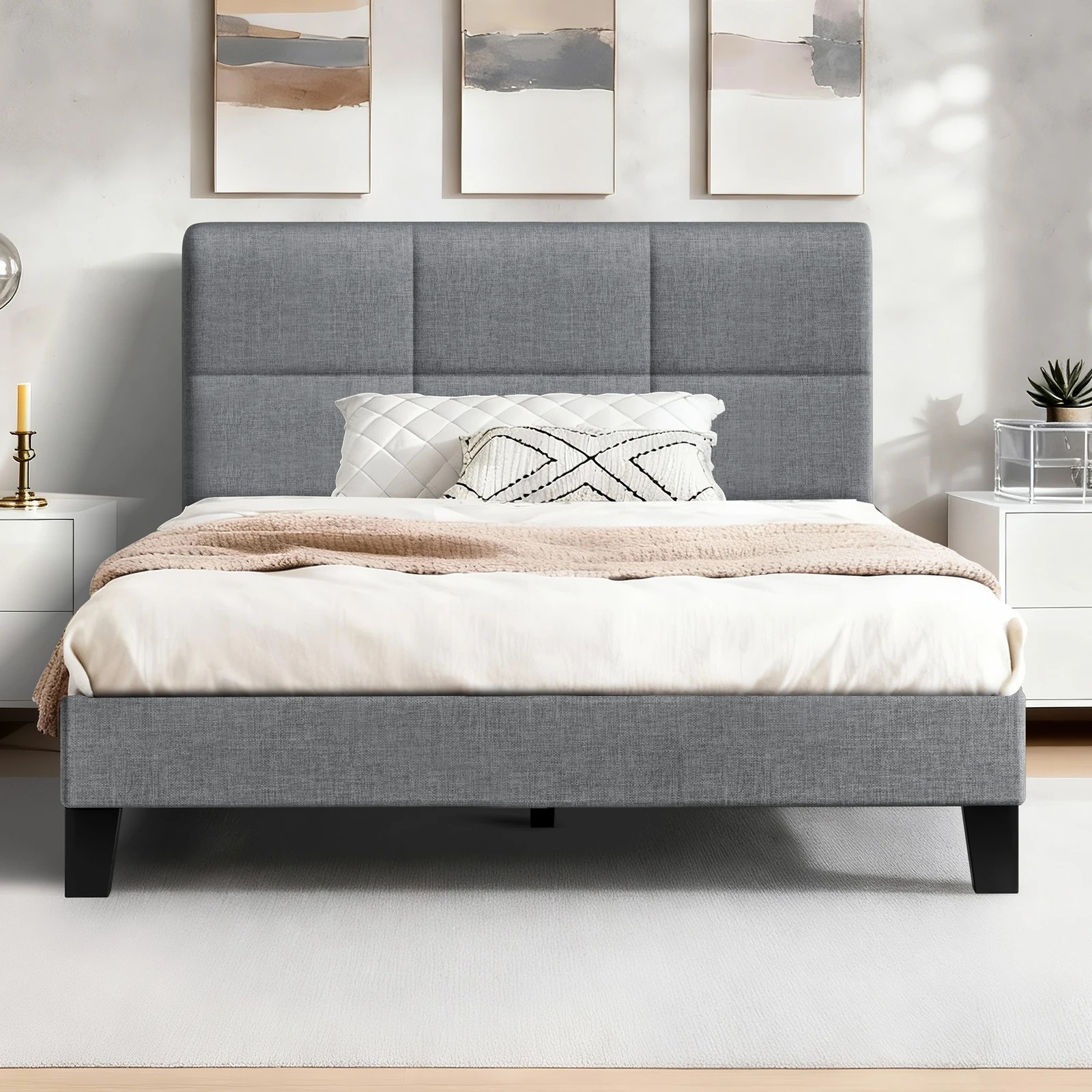 3 Alfordson Bed Frame Single Size Wooden Slats Platform Fabric Paula - Grey, 3 of 9