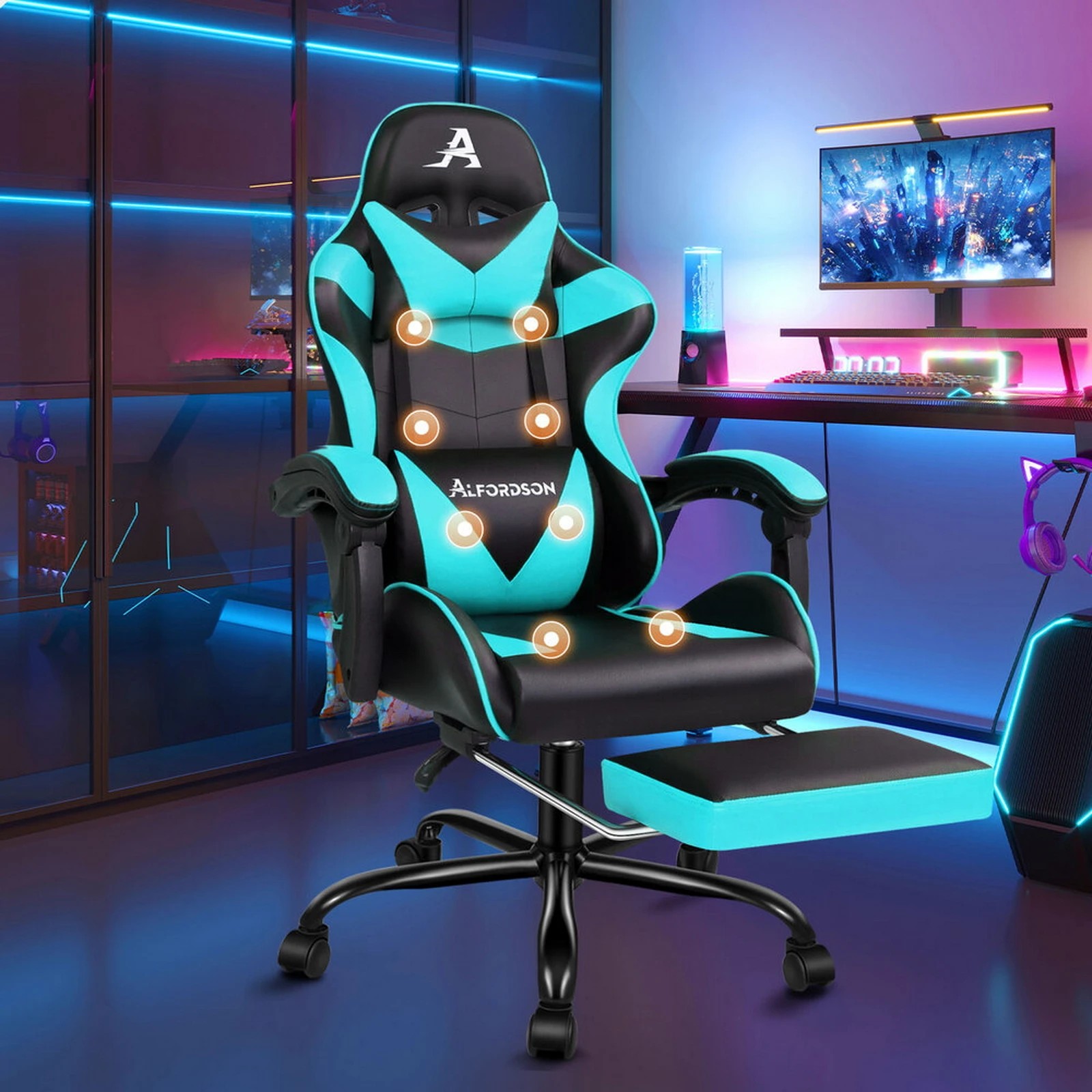 10 Alfordson Gaming Chair Office Massage Computer Racing Seat PU Leather - Cyan, 10 of 10