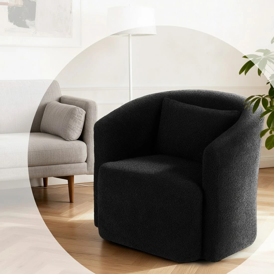 5 Artiss Swivel Chair Round Armchair Sherpa Fleece - Black, 5 of 6