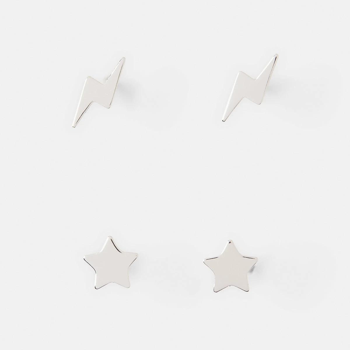 1 2 Pack Sterling Silver Star and Bolt Stud Earrings Silver, 1 of 5