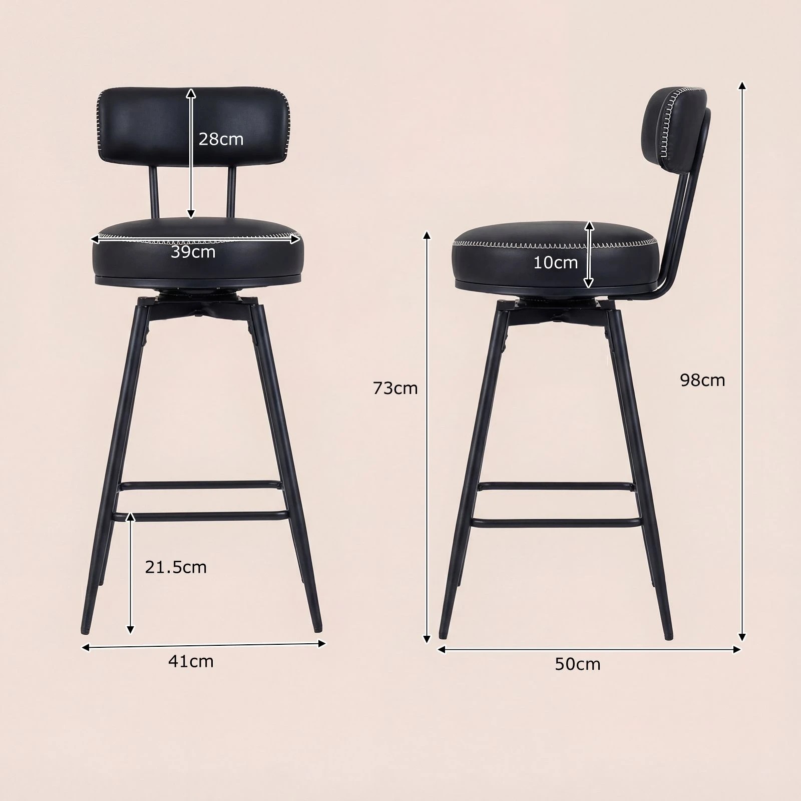 4 Costway 2x Swivel Bar Stools Modern Counter Height Chairs Kitchen Faux Leather Upholstered Barstools - Black, 4 of 4