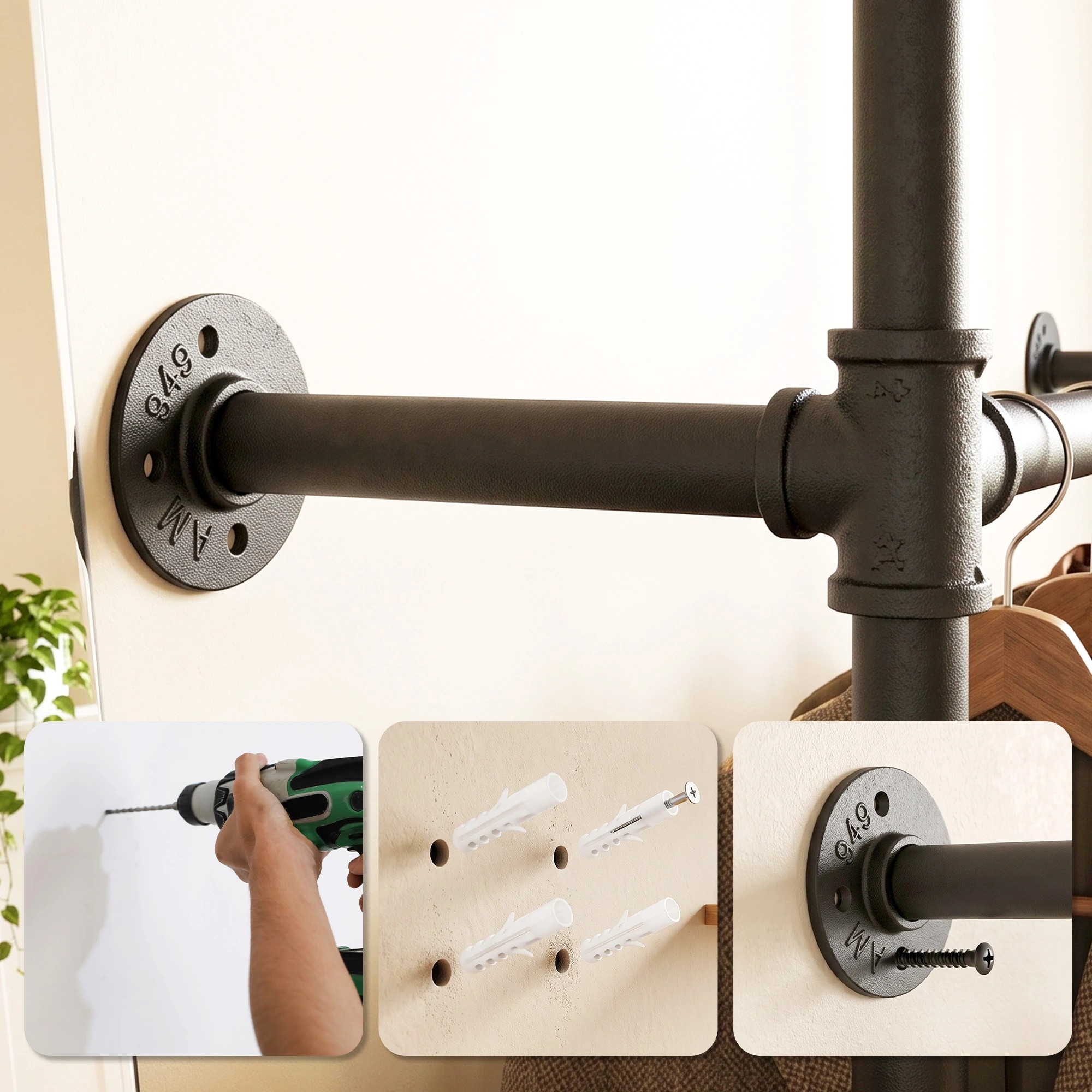 7 Artiss Industrial Pipe Clothing Rack Garment Clothes Display Stand Wall Mounted - Black, 7 of 8