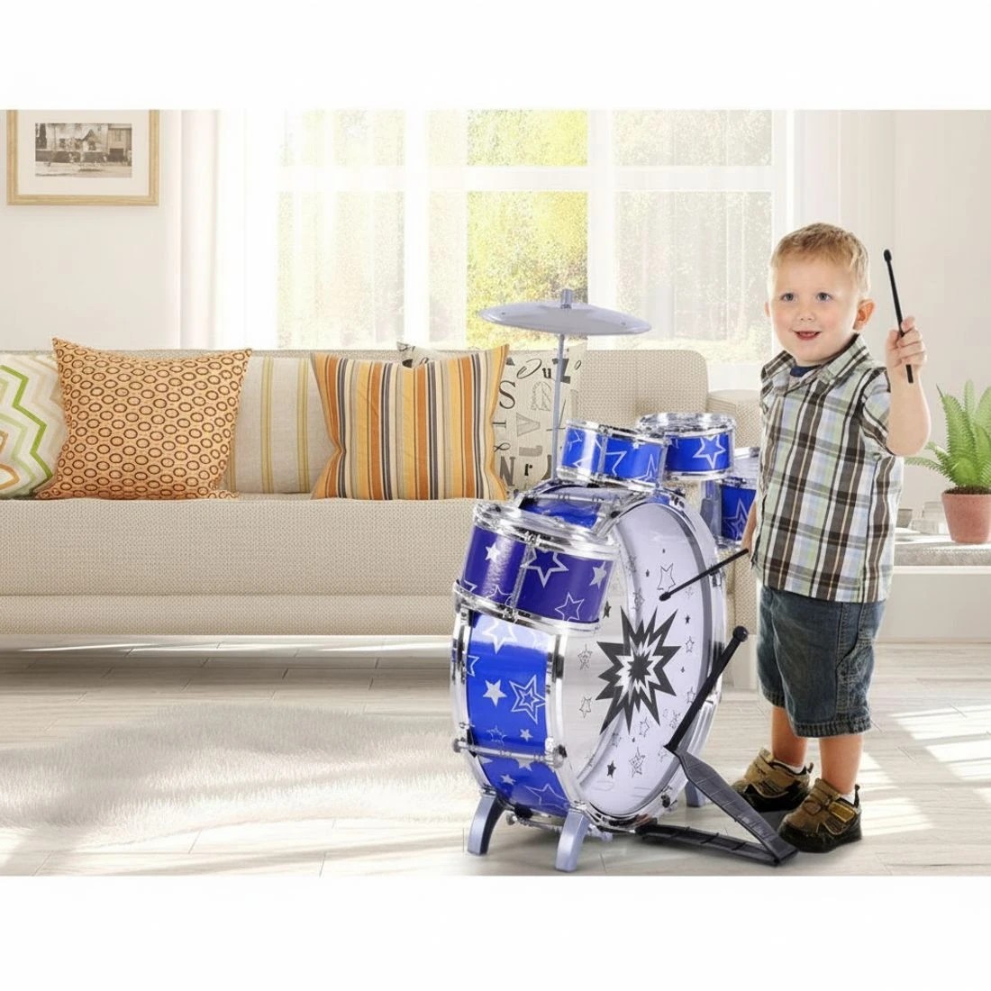 6 Keezi Kids Drum Kit Set Pretend Play Junior Drums Musical Toys Childrens 11pcs - Blue, 6 of 8