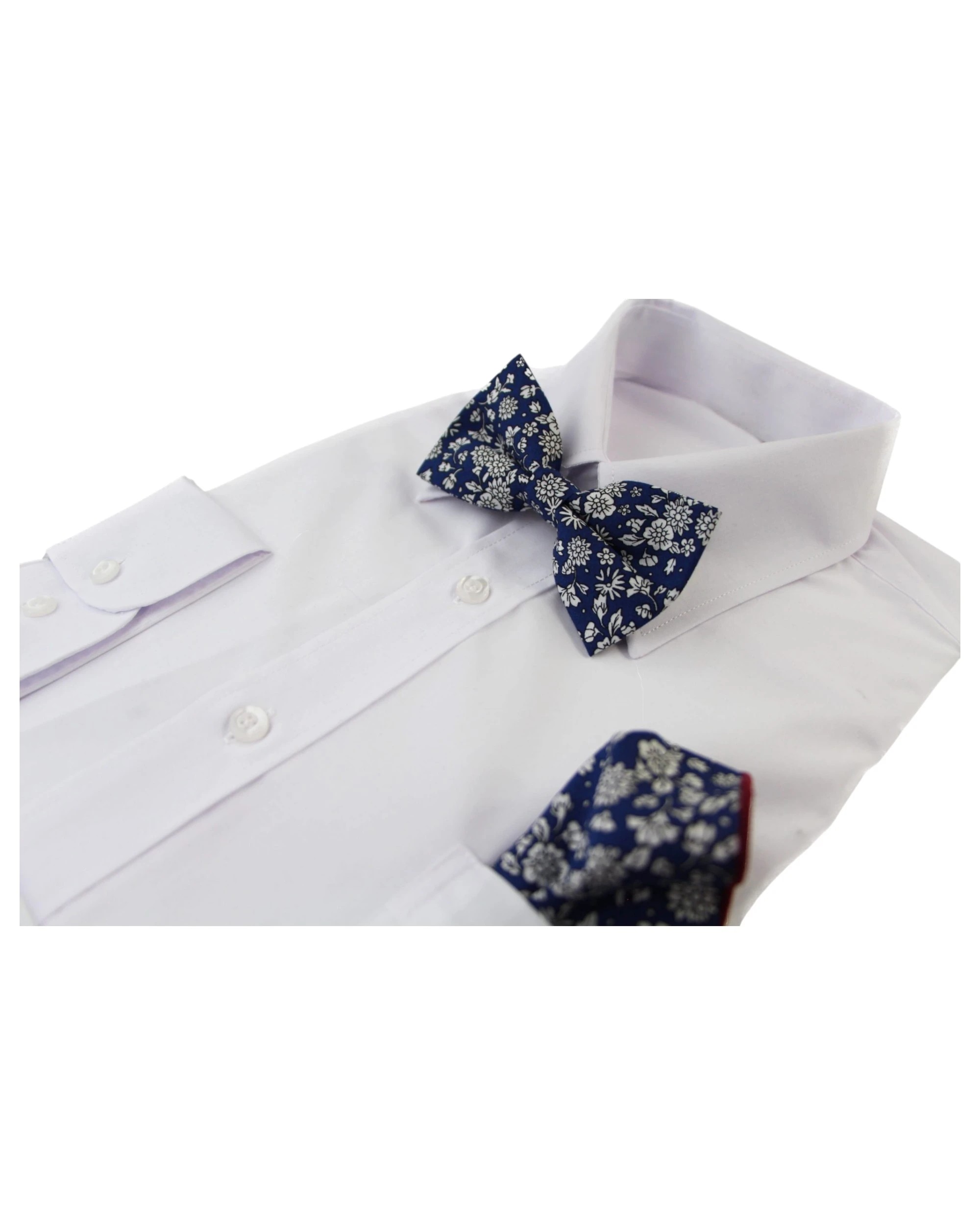 4 Zasel Mens Navy With White Flowers Cotton Bow Tie & Pocket Square Set - Multi, 4 of 4