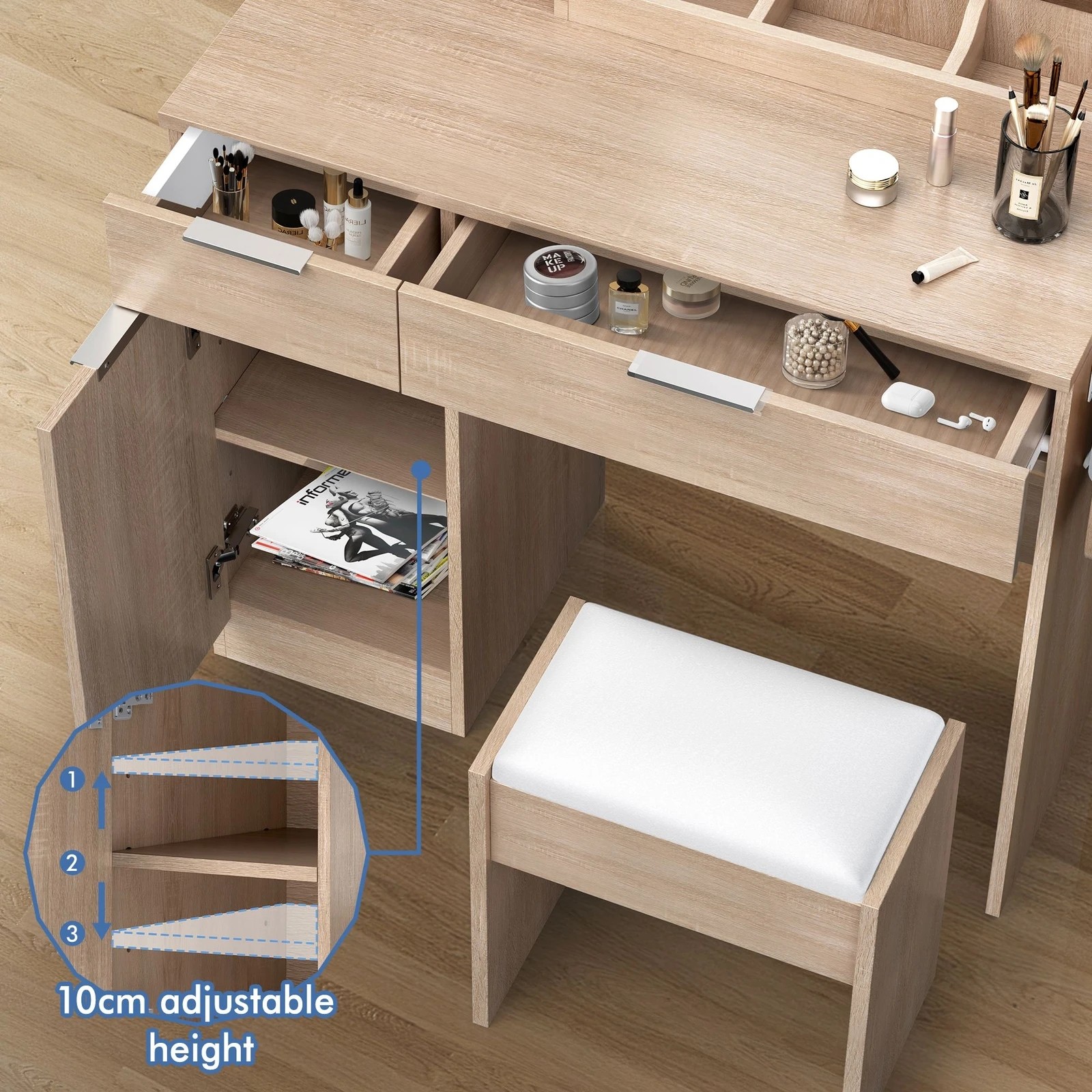 5 Alfordson Dressing Table Stool Set LED Vanity Desk Makeup Mirror Drawers - Wood, 5 of 10