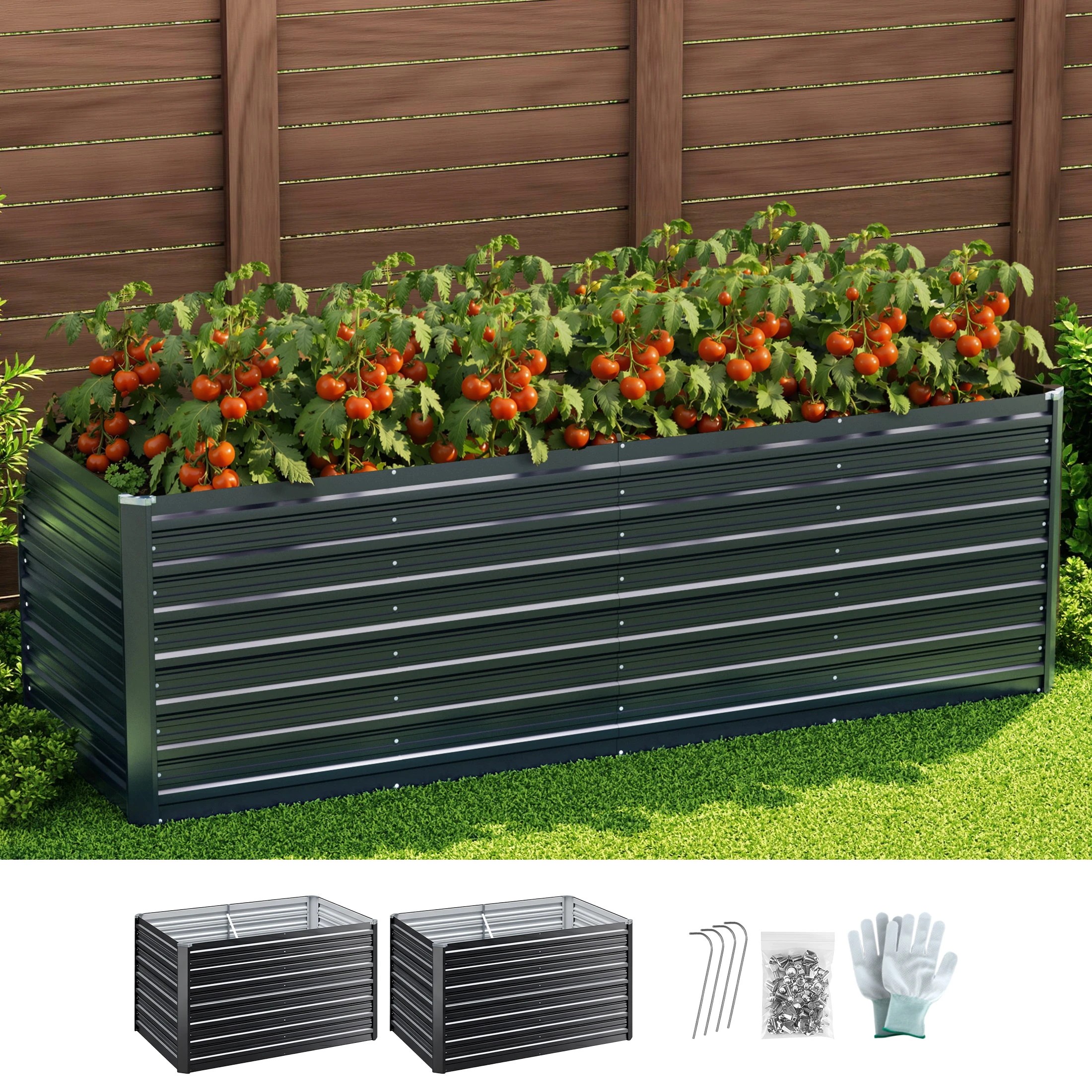 4 Green Fingers 2-in-1 Raised Garden Bed 240/120cm, 77cm Deep, Galvanised Steel, Gloves & Pegs - Grey, 4 of 4