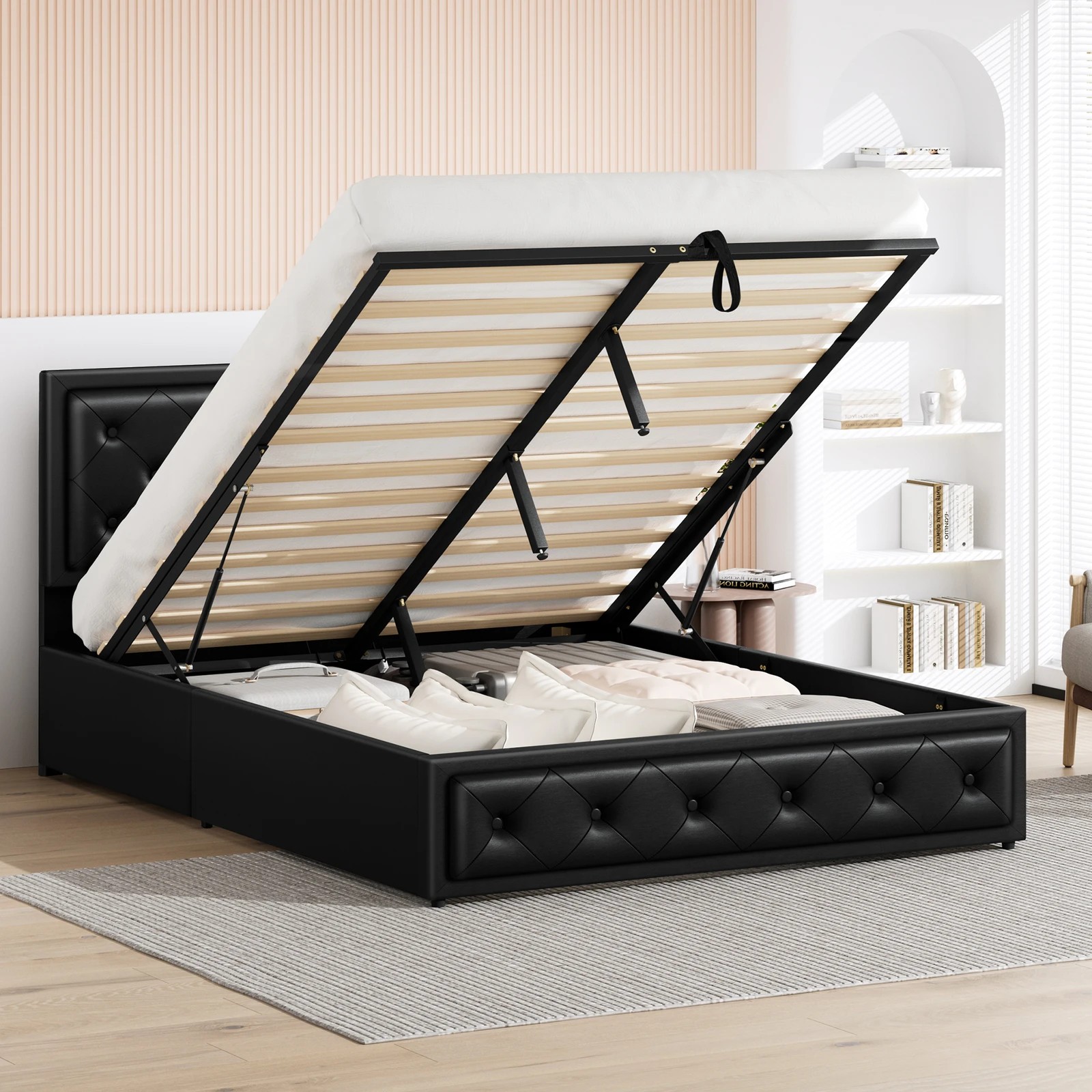 4 Alfordson Bed Frame Queen Size Gas Lift Storage Mattress Base Leather Dinana - Black, 4 of 10