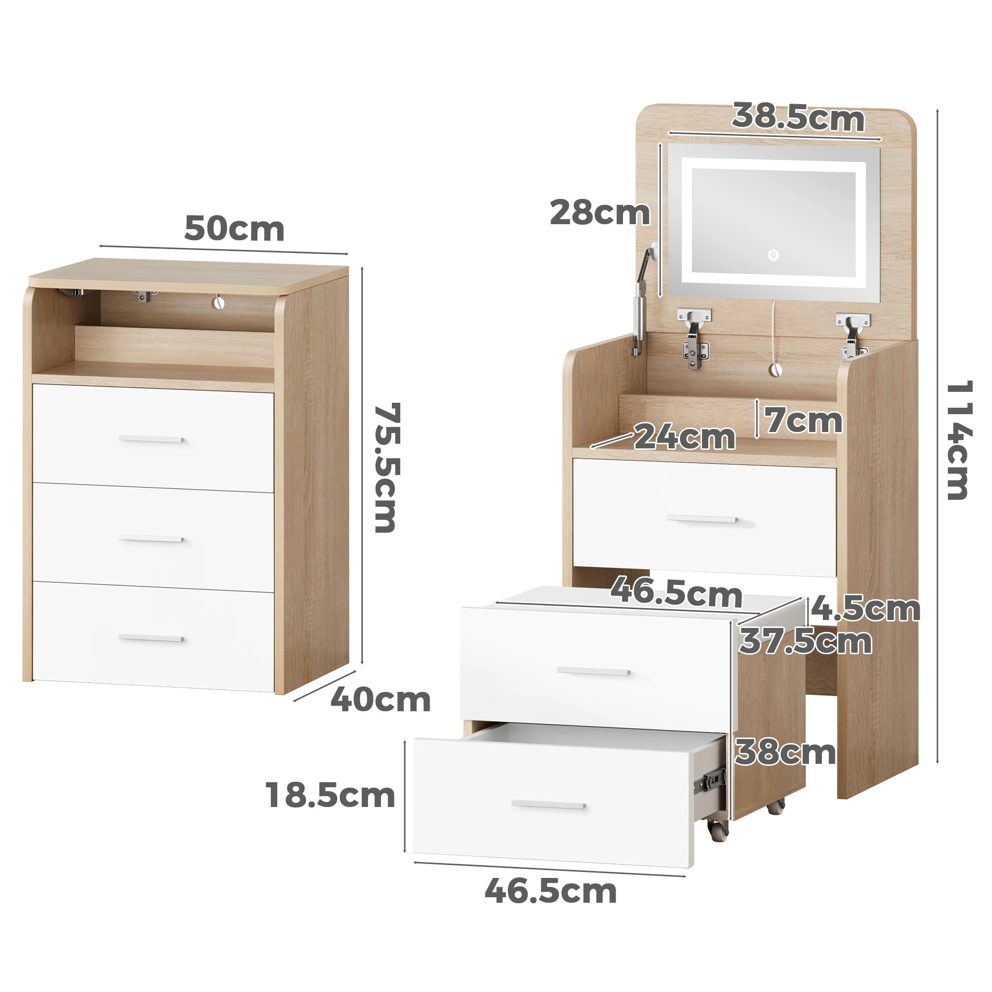9 Alfordson Dressing Table Stool Set 3-In-1 Makeup Mirror Vanity Desk - Natural, 9 of 10