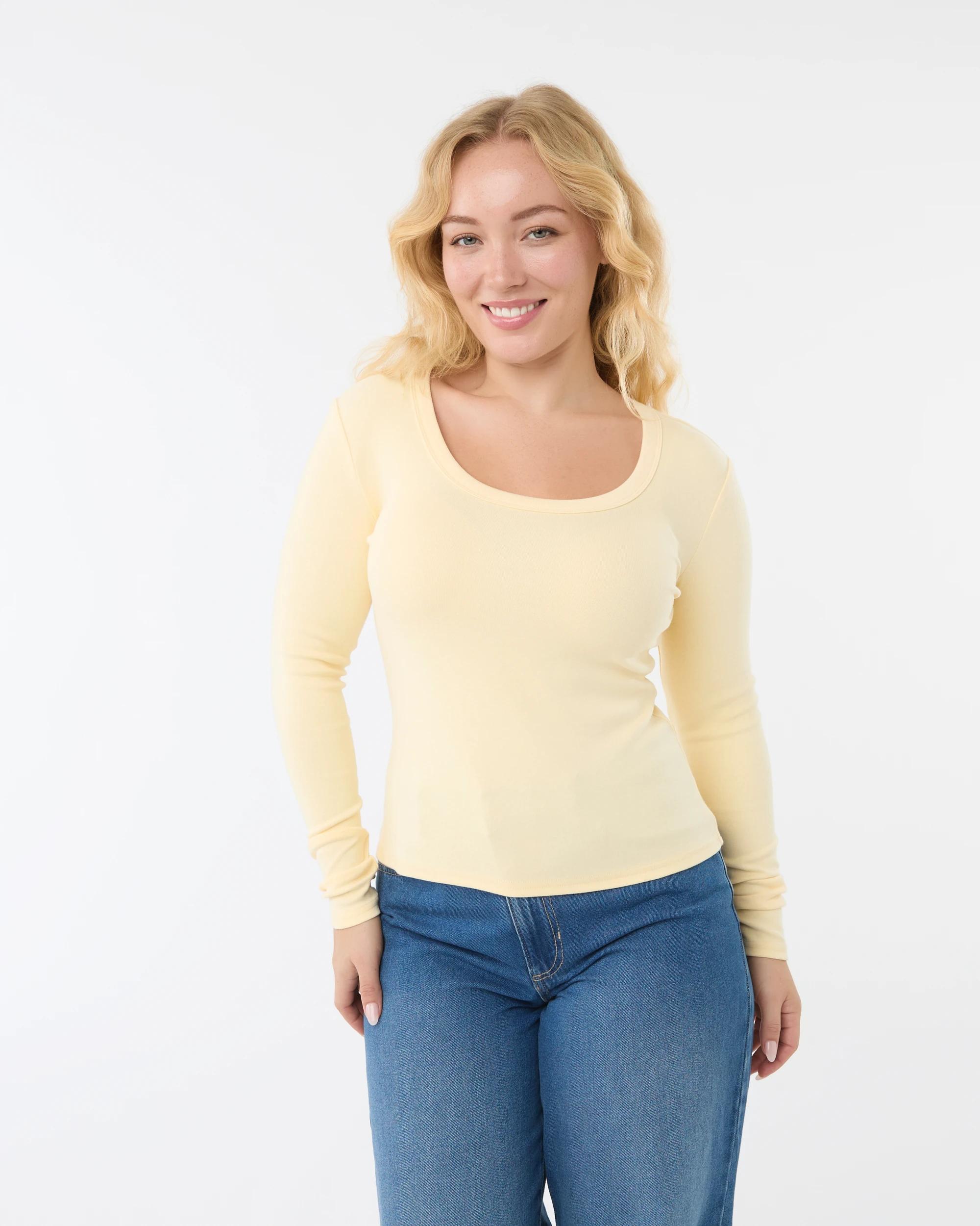 1 Long Sleeve Rib Scoop Neck T-shirt Fln Yellow, 1 of 6