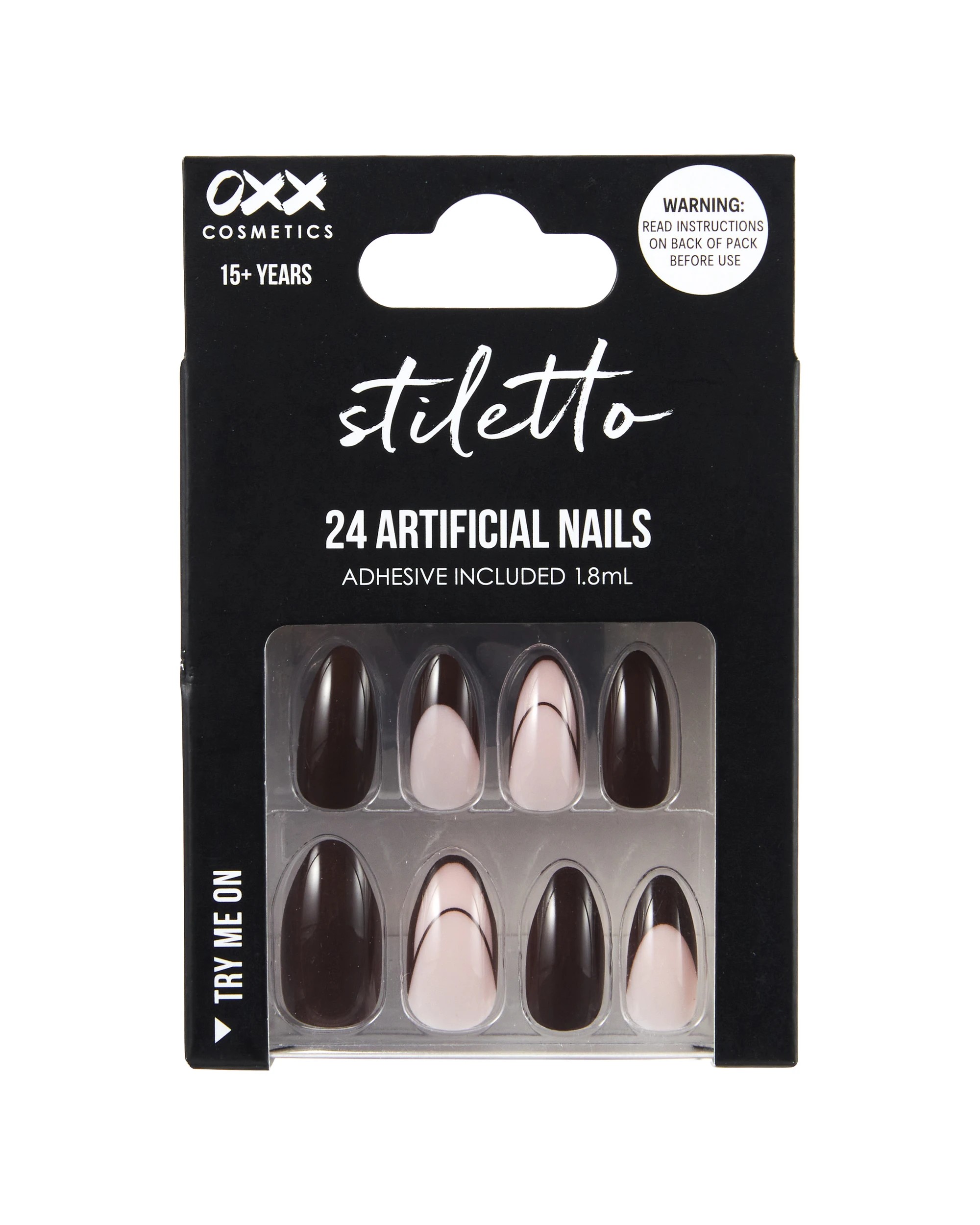 1 OXX Cosmetics 24 Pack Artificial Nails with Adhesive - Pointed Stiletto Shape, Brown French Tips, 1 of 4