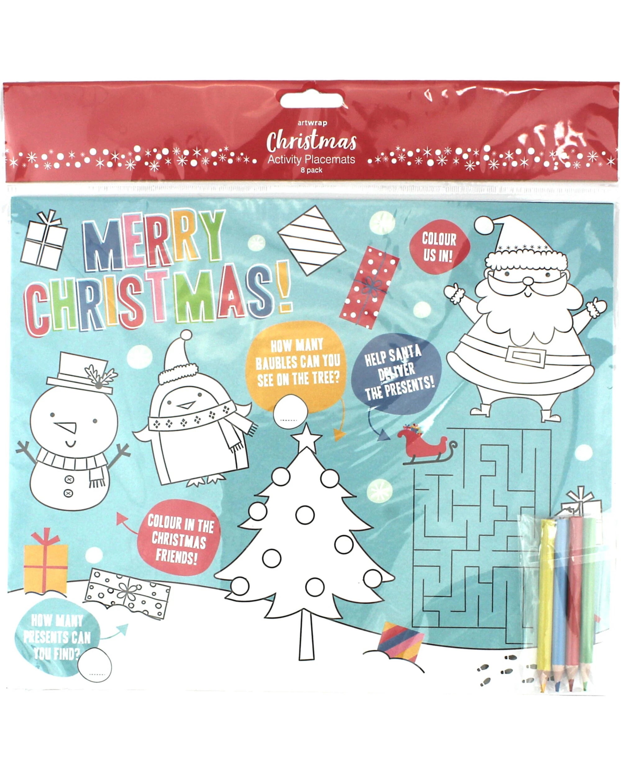2 Artwrap Christmas Activity Placemats with Colour Pencils Pack of 8 - Multi, 2 of 2