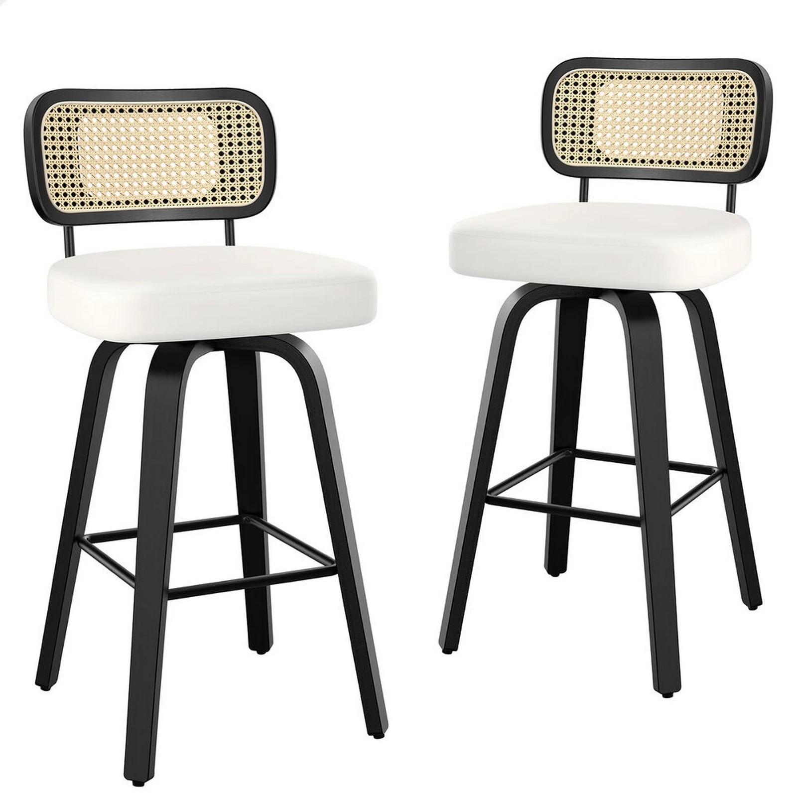 1 Alfordson 2x Bar Stools Kitchen Vintage Leather Seat Rattan Chair - White, 1 of 9