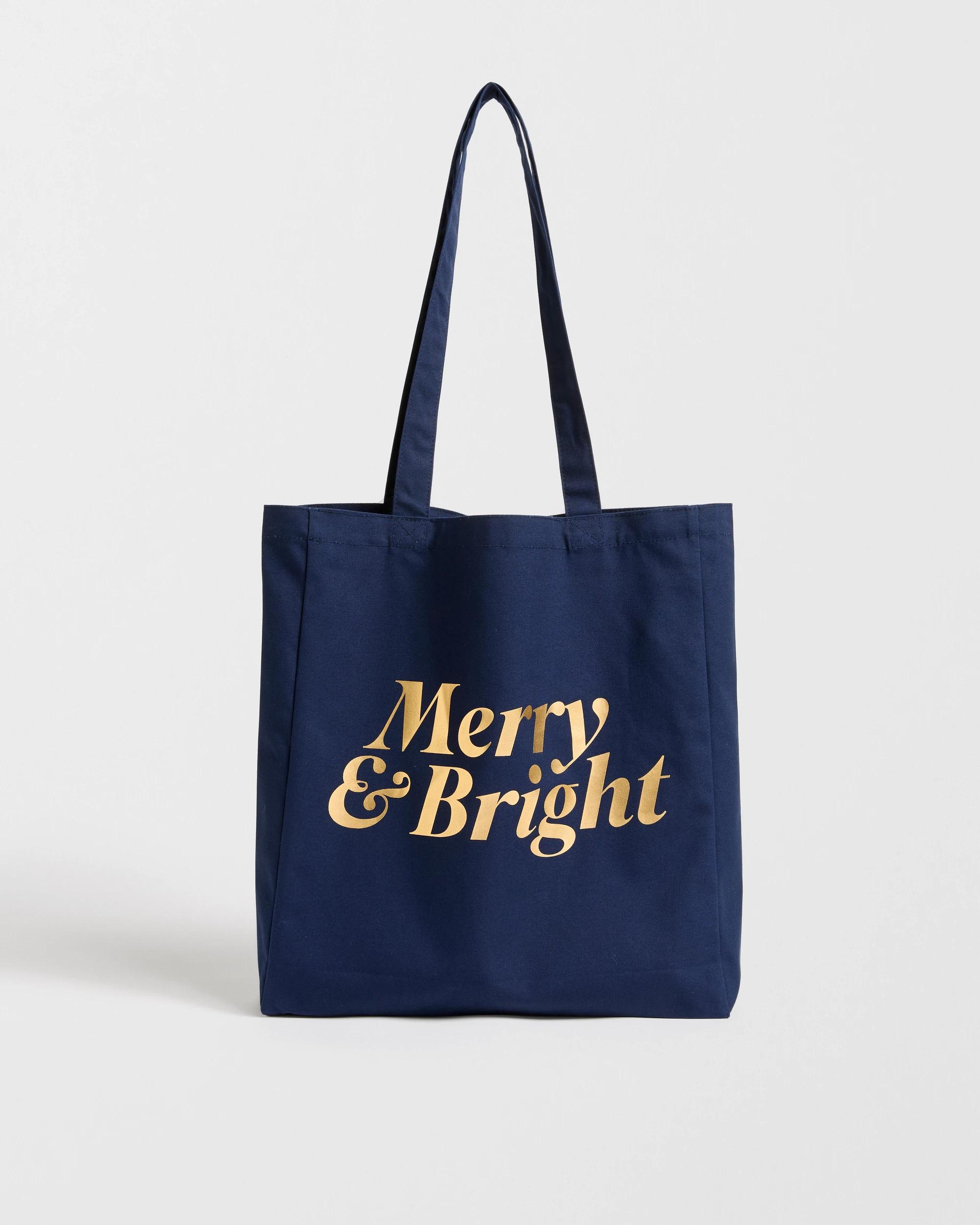 2 Target Woman Cotton Merry & Bright Christmas Tote Bag NAVY, 2 of 2
