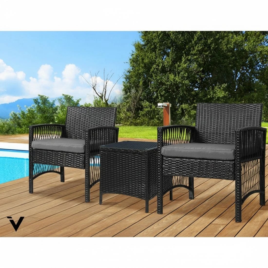5 Gardeon 3PC Outdoor Bistro Set Patio Furniture Wicker Dining Chairs Table - Black, 5 of 7