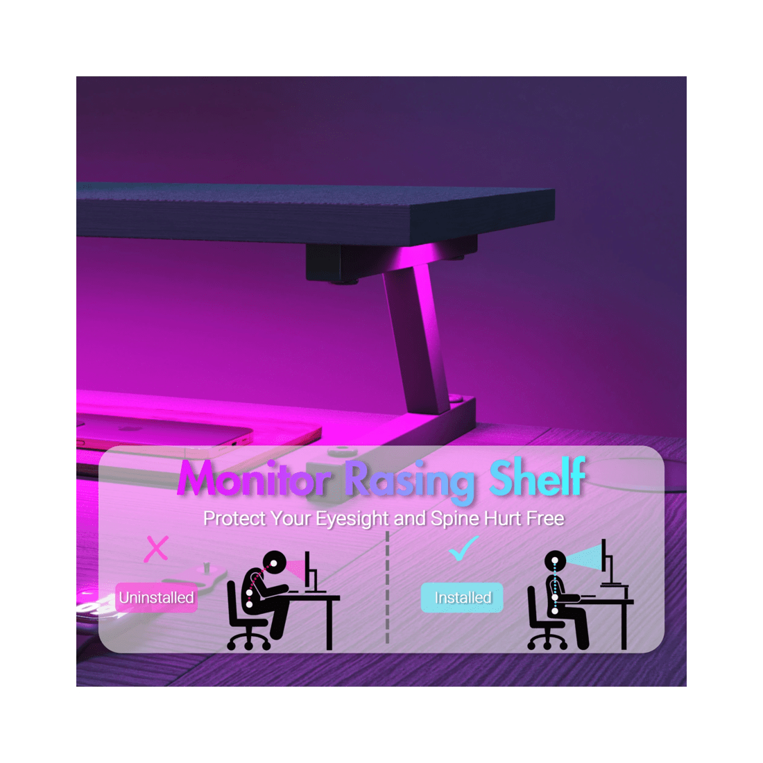 9 Advwin L Shaped Gaming Desk 140cm With Led Lights & Power Outlets Convertible Computer Desk With Monitor Stand Black, 9 of 10