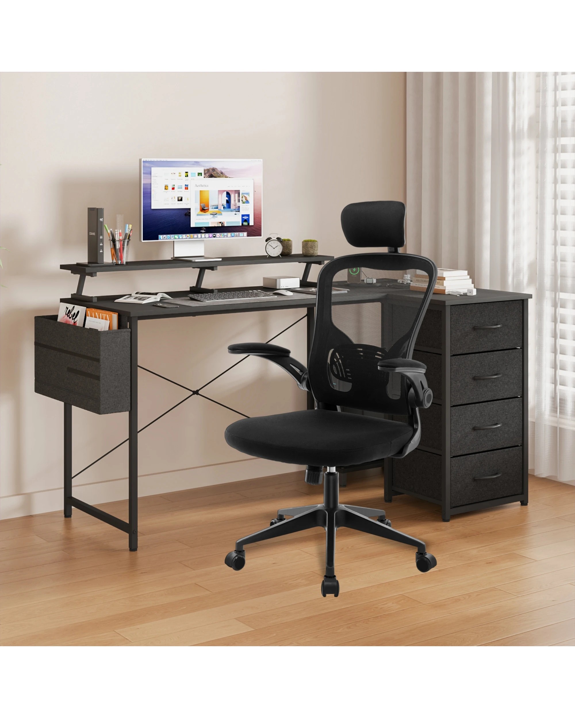 4 Advwin L Shaped Gaming Desk 140cm With Led Lights & Power Outlets Convertible Computer Desk With Monitor Stand Black, 4 of 5