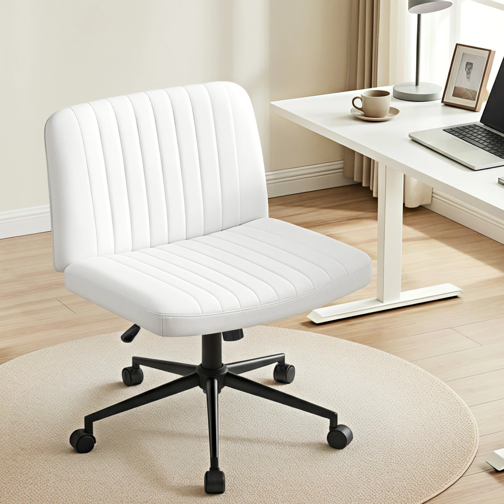 7 Artiss Criss Cross Chair with Wheels Wide Cross Legged Office Desk Vanity Chair - White, 7 of 7