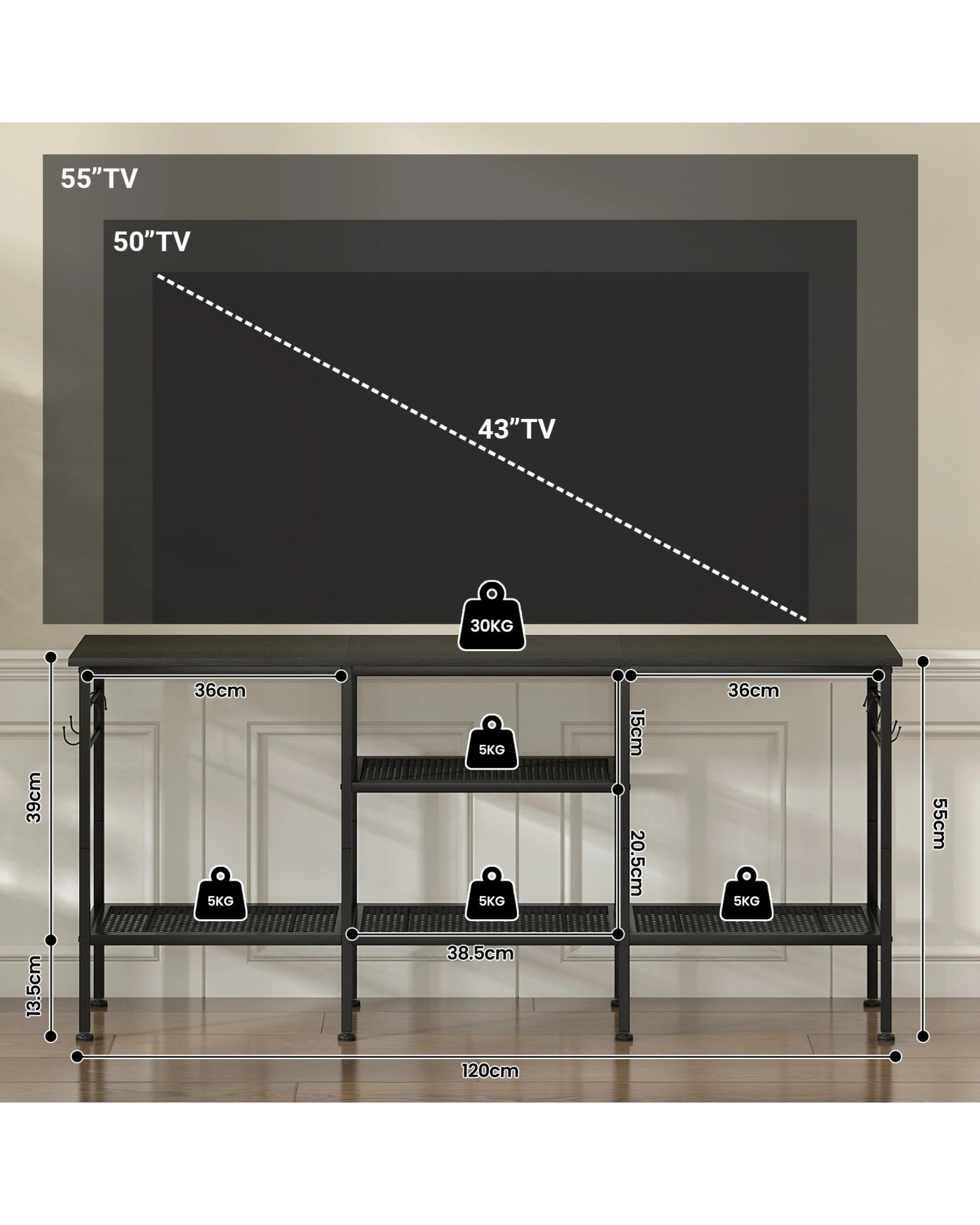 2 Advwin TV Cabinet 120cm Entertainment Unit Stand w/ Shelf & Hooks Media Console Table, 2 of 8