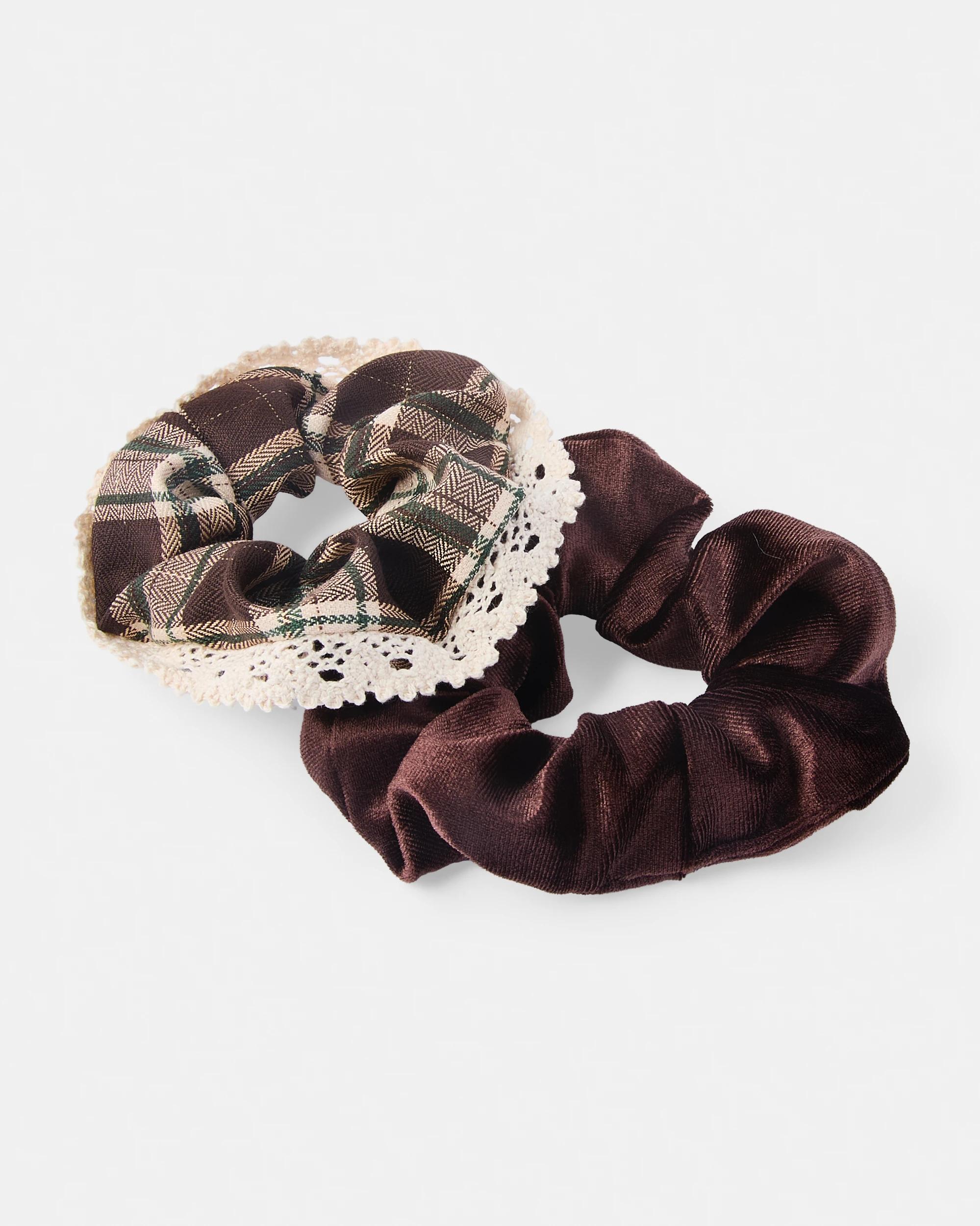 2 2 Pack Check Hair Scrunchies Brown, 2 of 4