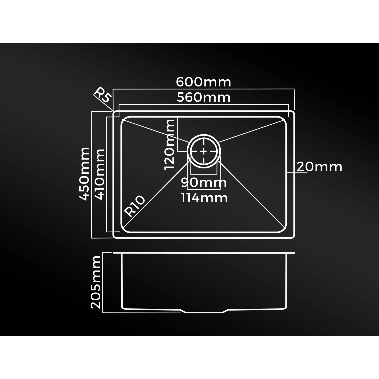 6 Welba Kitchen Sink Stainless Steel Basin Single Under/Top/Flush Mount 60X45CM - Black, 6 of 6
