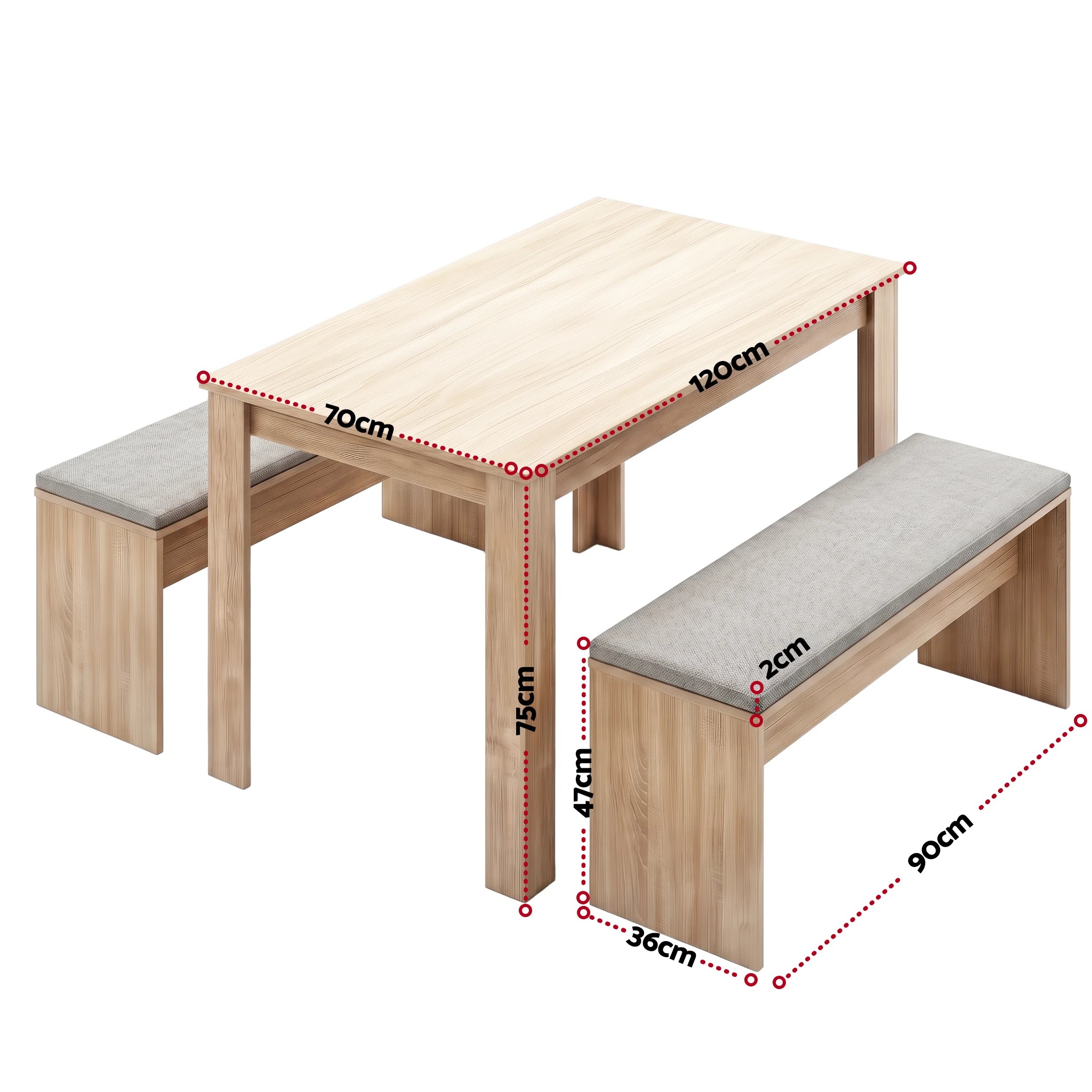 2 Artiss Dining Table and Chairs Set of 3 Bench Kitchen Furniture - Natural, 2 of 10