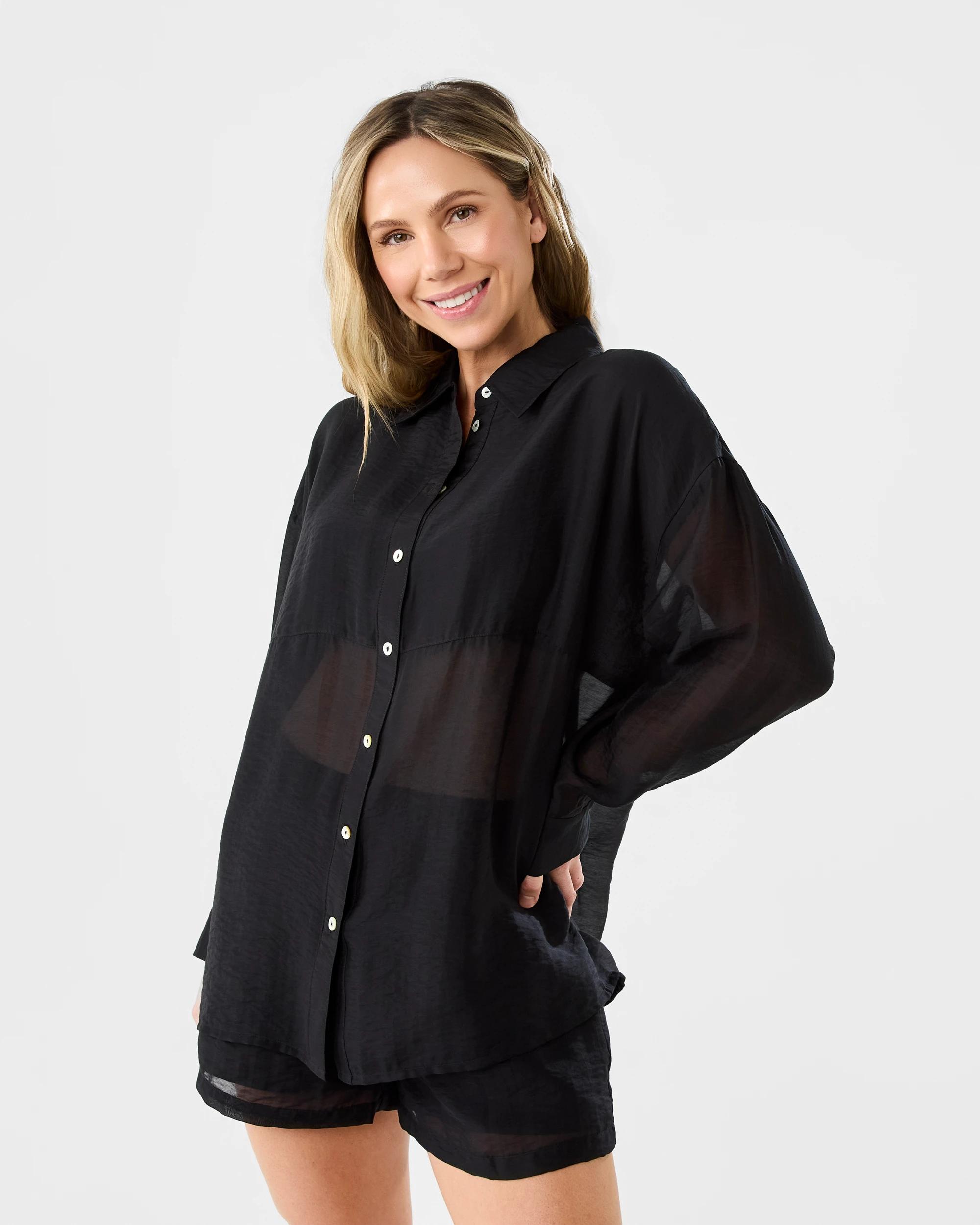 2 Long Sleeve Oversized Sheer Shirt Black, 2 of 7