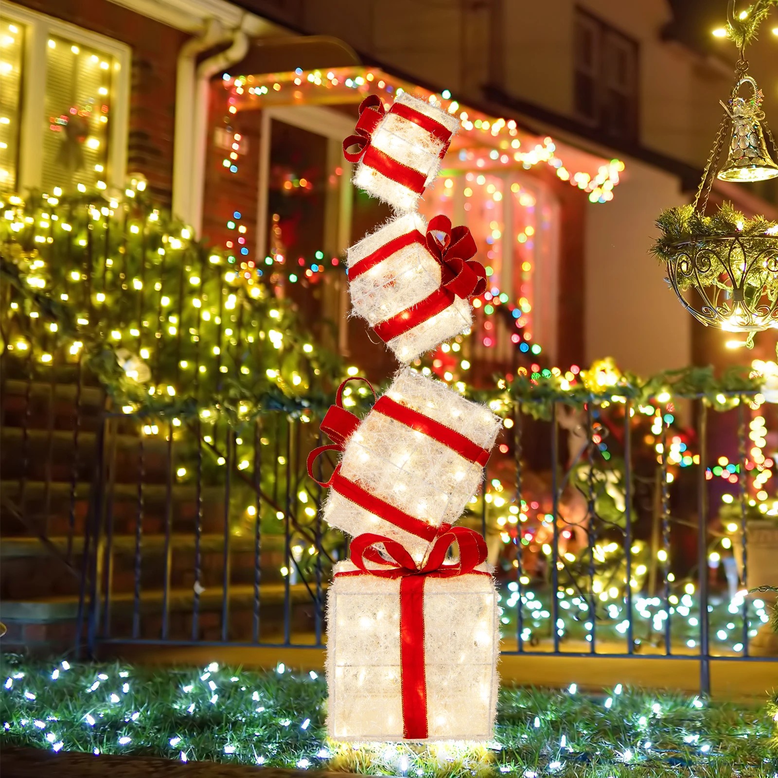 2 Costway Christmas Lighted Gift Boxes Stackable Xmas Boxes w/8 Mode LED Lights & Red Bows, 2 of 3