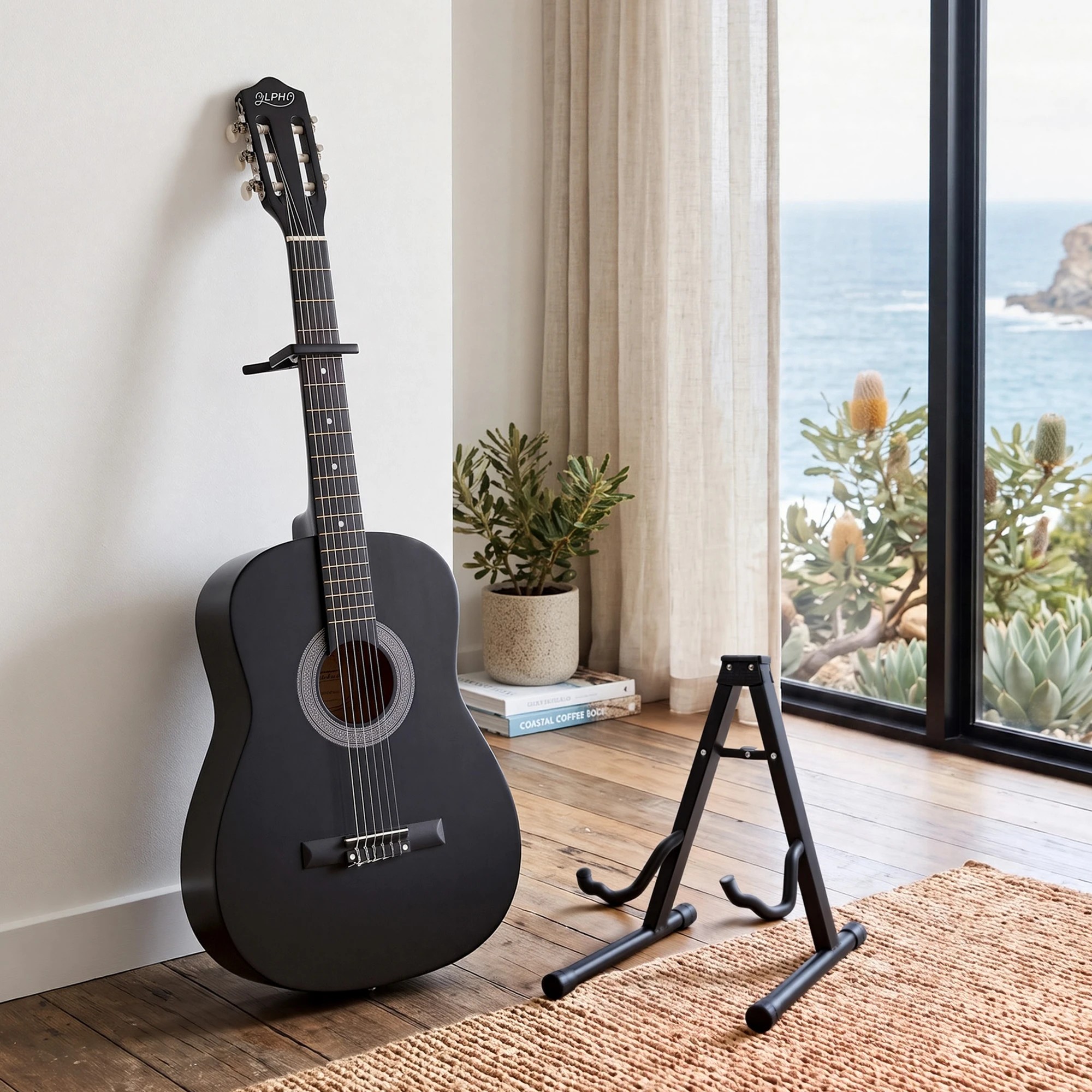 10 Alpha 38 Inch Classical Acoustic Guitar Nylon Strings Non Cutaway Body Folding Stand Capo - Black, 10 of 10
