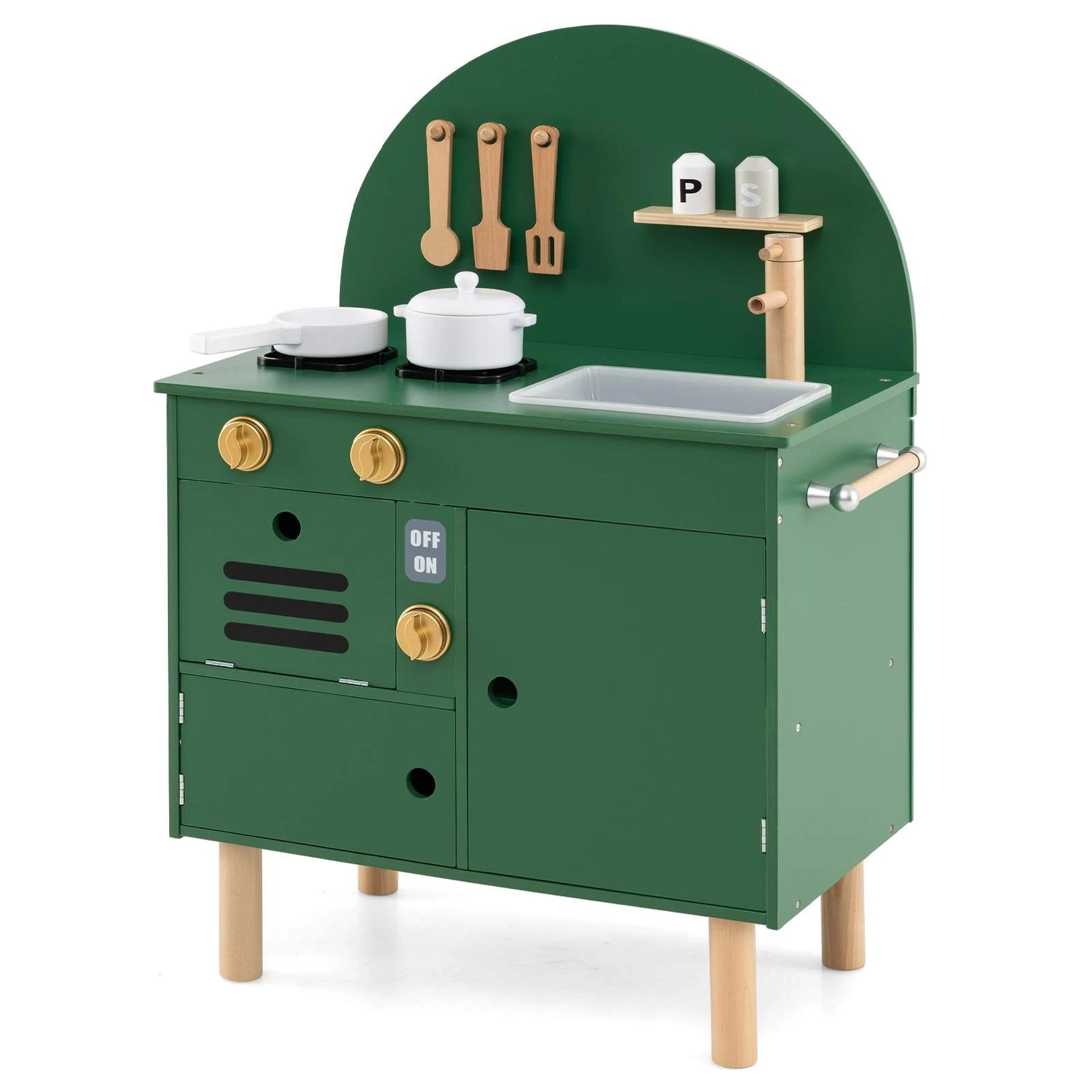 1 Costway Kids Small Wooden Play Kitchen with Stove, Sink & Microwave - Green, 1 of 3