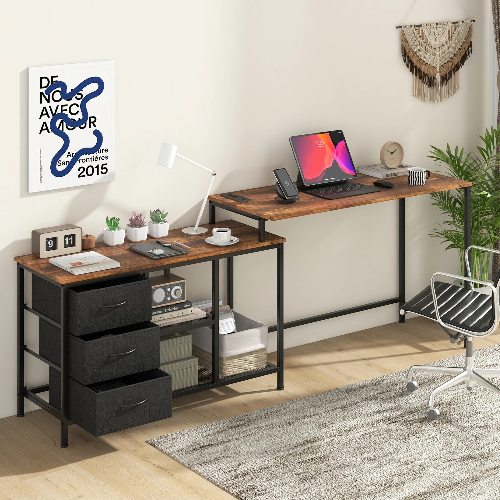 4 Costway L-shaped Computer Desk Home Office Writing Desk w/3 Fabric Drawers & Power Outlet, 4 of 4