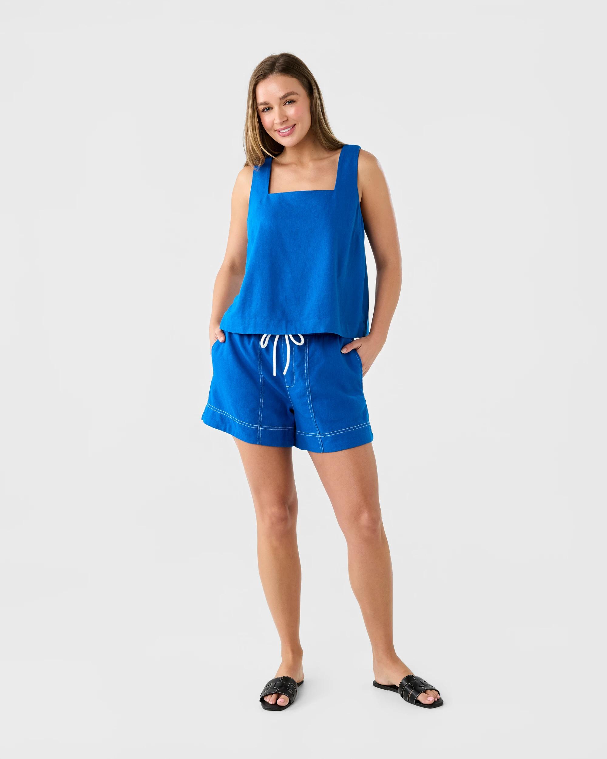 2 Linen Blend Tie Waist Shorts Sapp Blue, 2 of 8