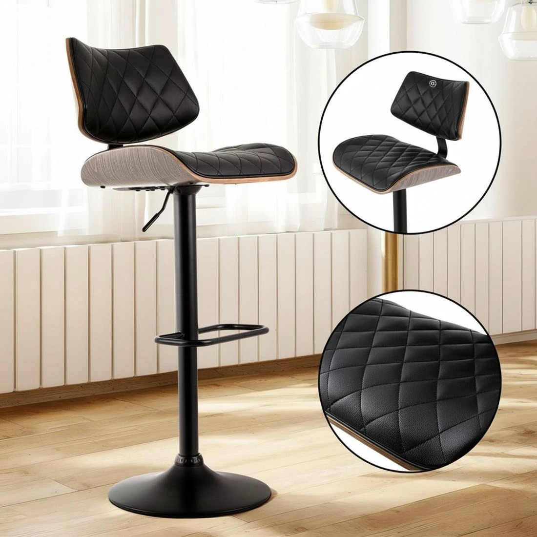 6 Artiss Bar Stools Kitchen Dining Chairs Gas Lift Stool Wooden Leather - Black, 6 of 7