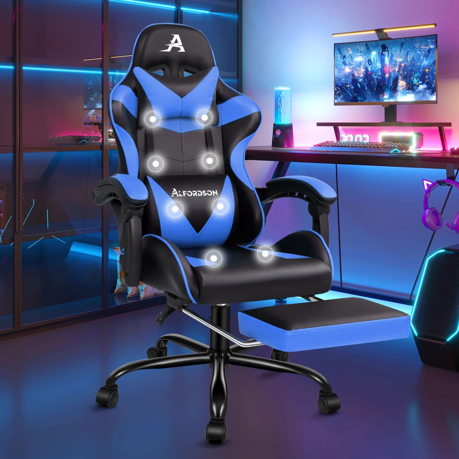 2 Alfordson Gaming Chair Office Massage Computer Racing Seat PU Leather - Blue, 2 of 10