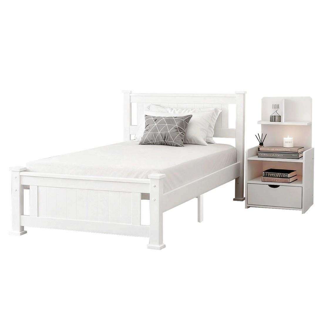 1 Artiss King Single Bed Frame and Bedside Table - White, 1 of 8