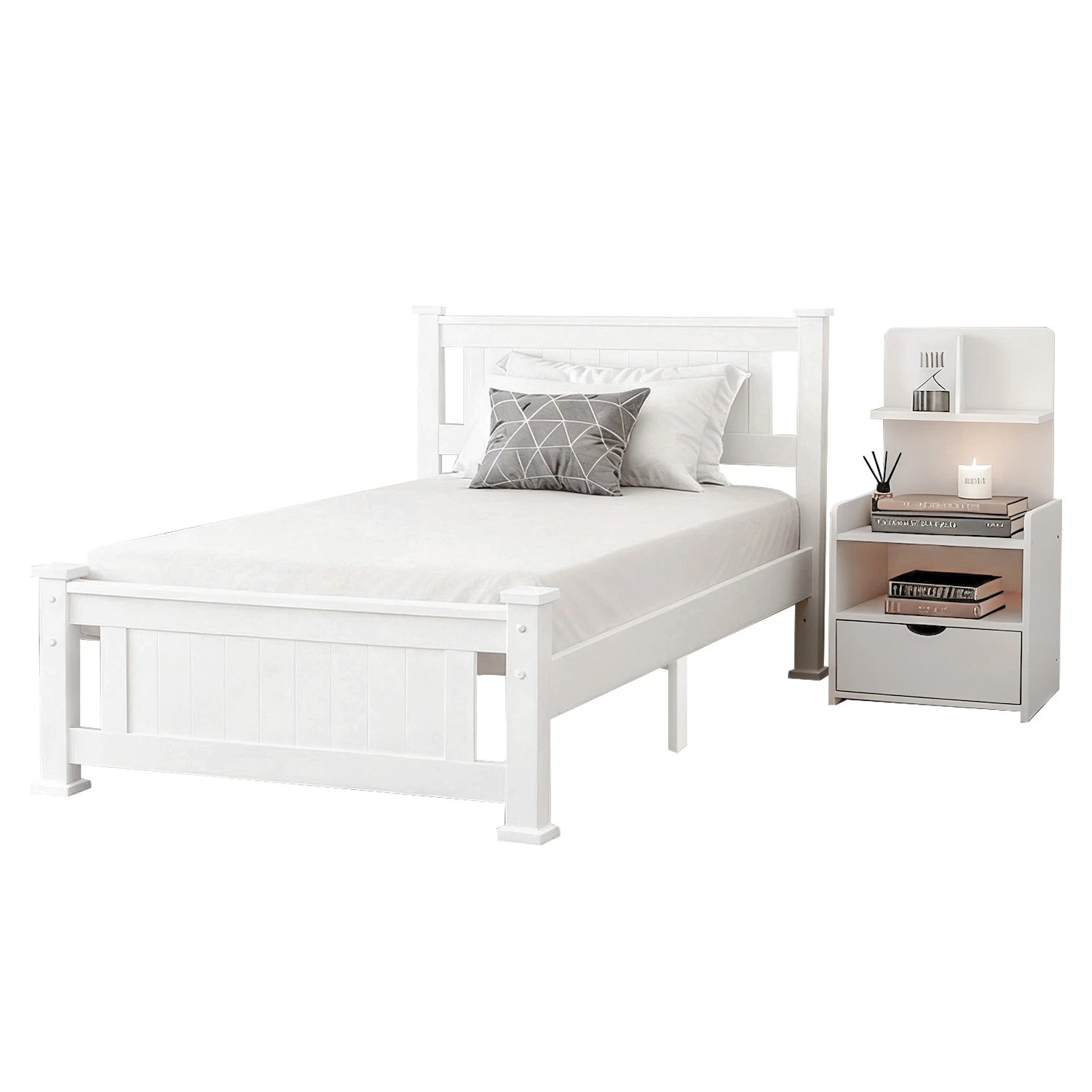 1 Artiss King Single Bed Frame and Bedside Table - White, 1 of 7
