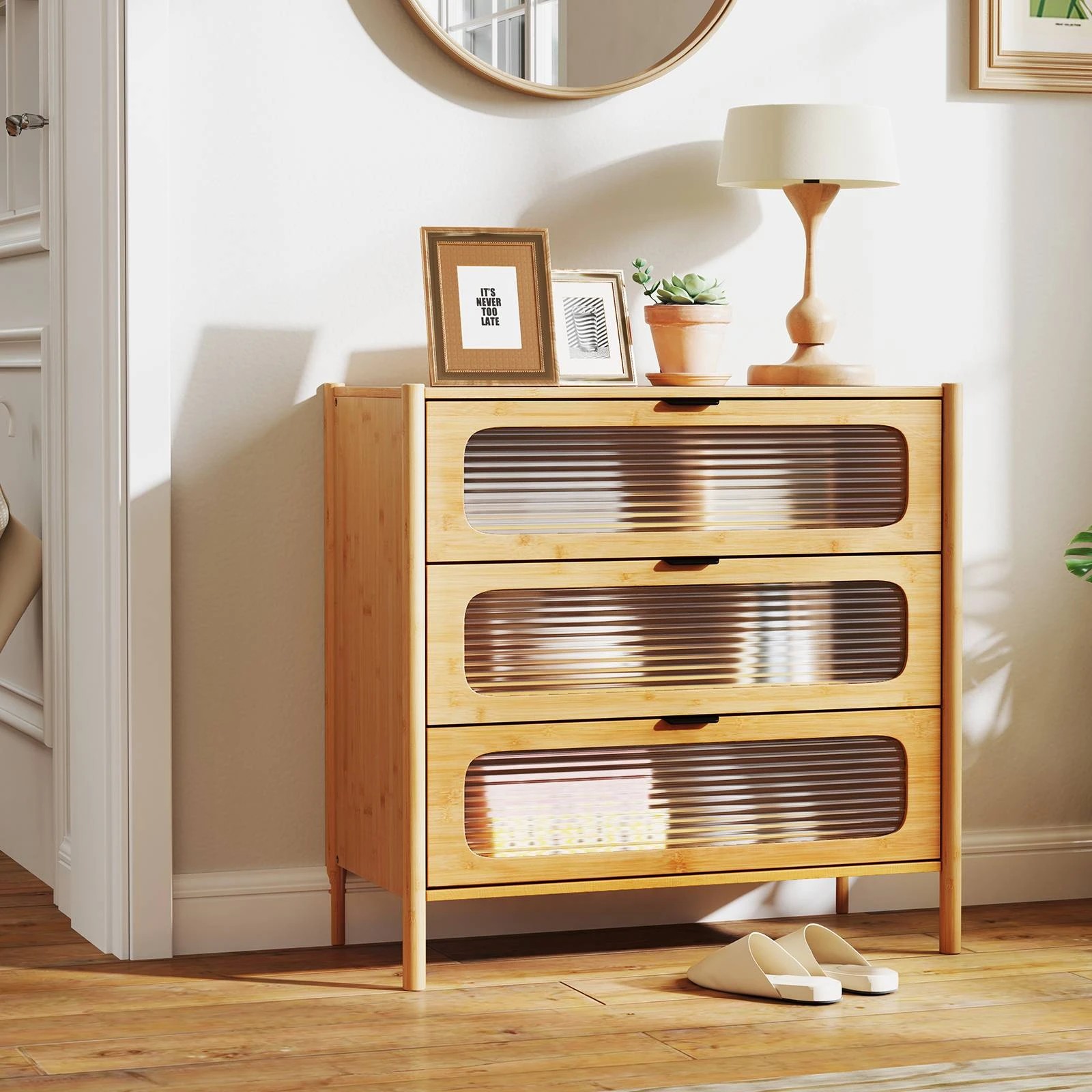 3 Costway Bamboo 3-Drawer Dresser Mid Century Modern Chest of Drawers, 3 of 4