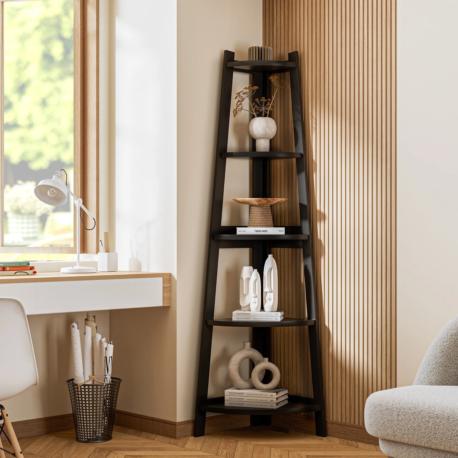 2 Oikiture Corner Ladder Shelf 5 Tier Home Storage Display Stand Bookshelf
 - Black, 2 of 9